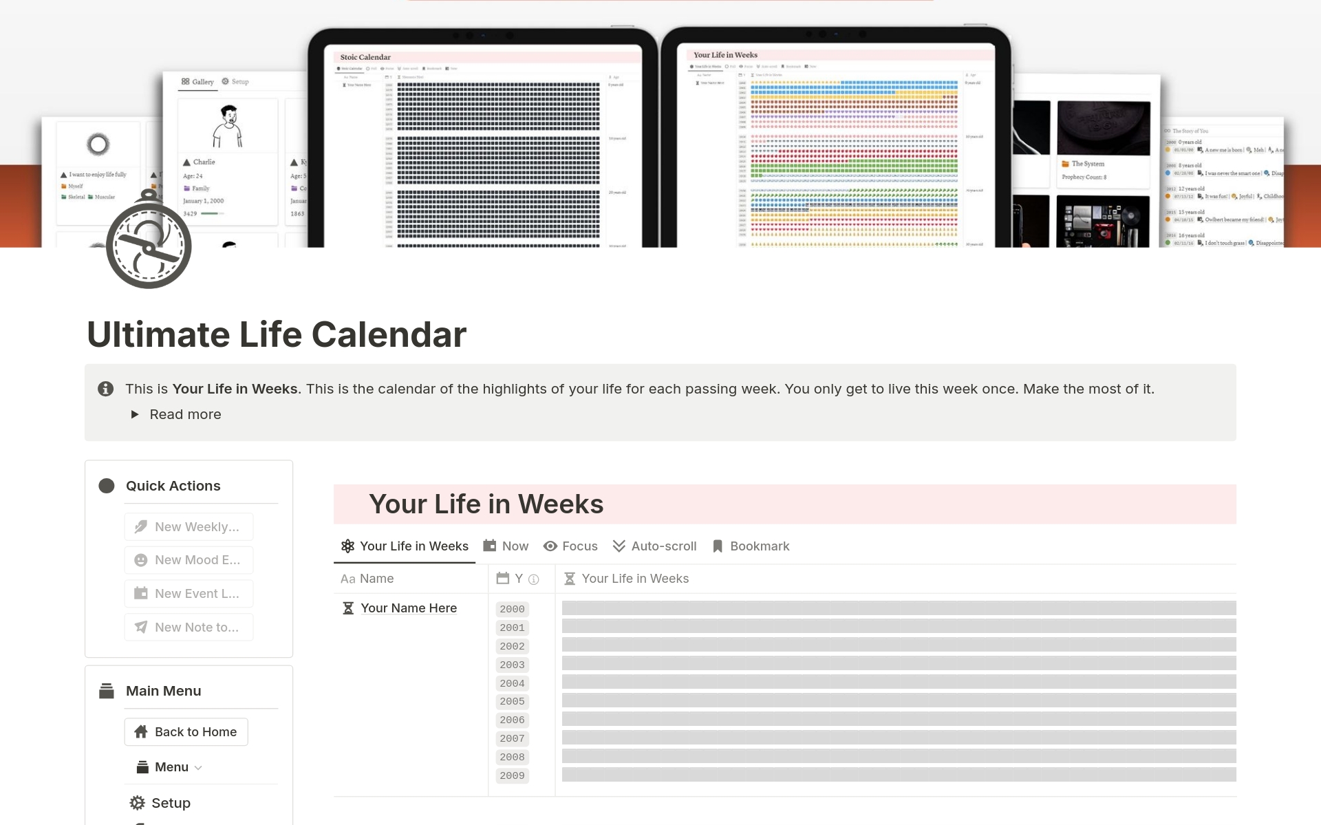 En forhåndsvisning av mal for Ultimate Life Calendar
