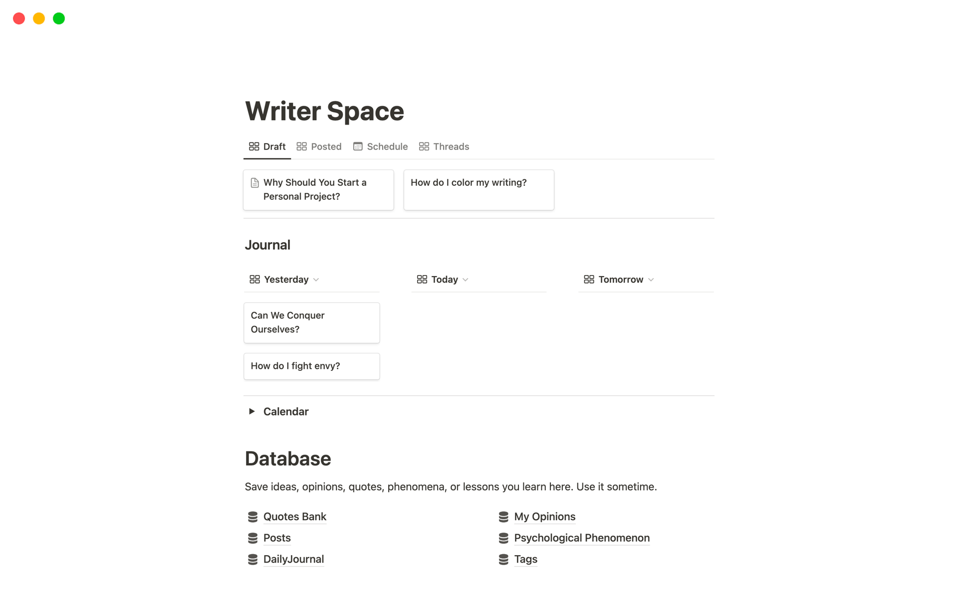 En förhandsgranskning av mallen för Writer Space