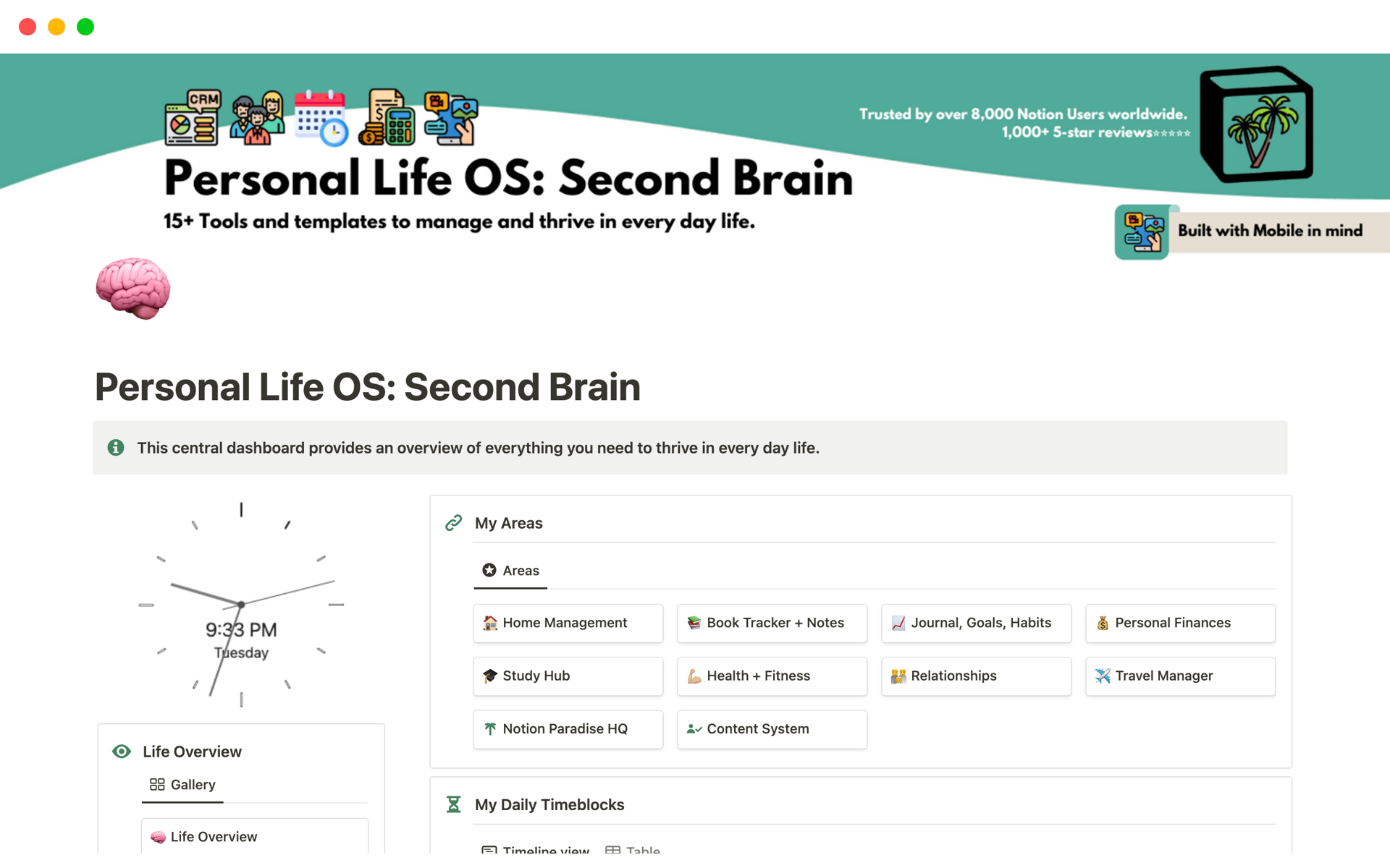 En forhåndsvisning av mal for Personal Life OS: Second Brain - 15-in-1 template