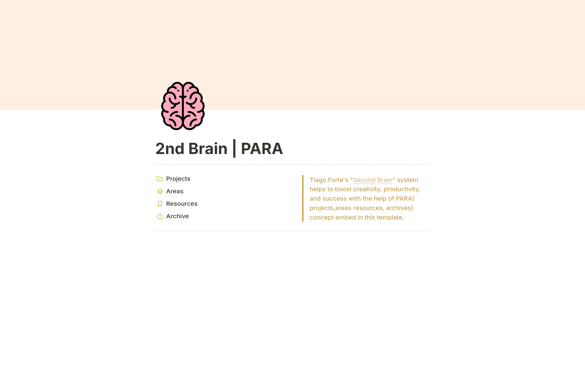 En forhåndsvisning av mal for 2nd Brain | PARA 