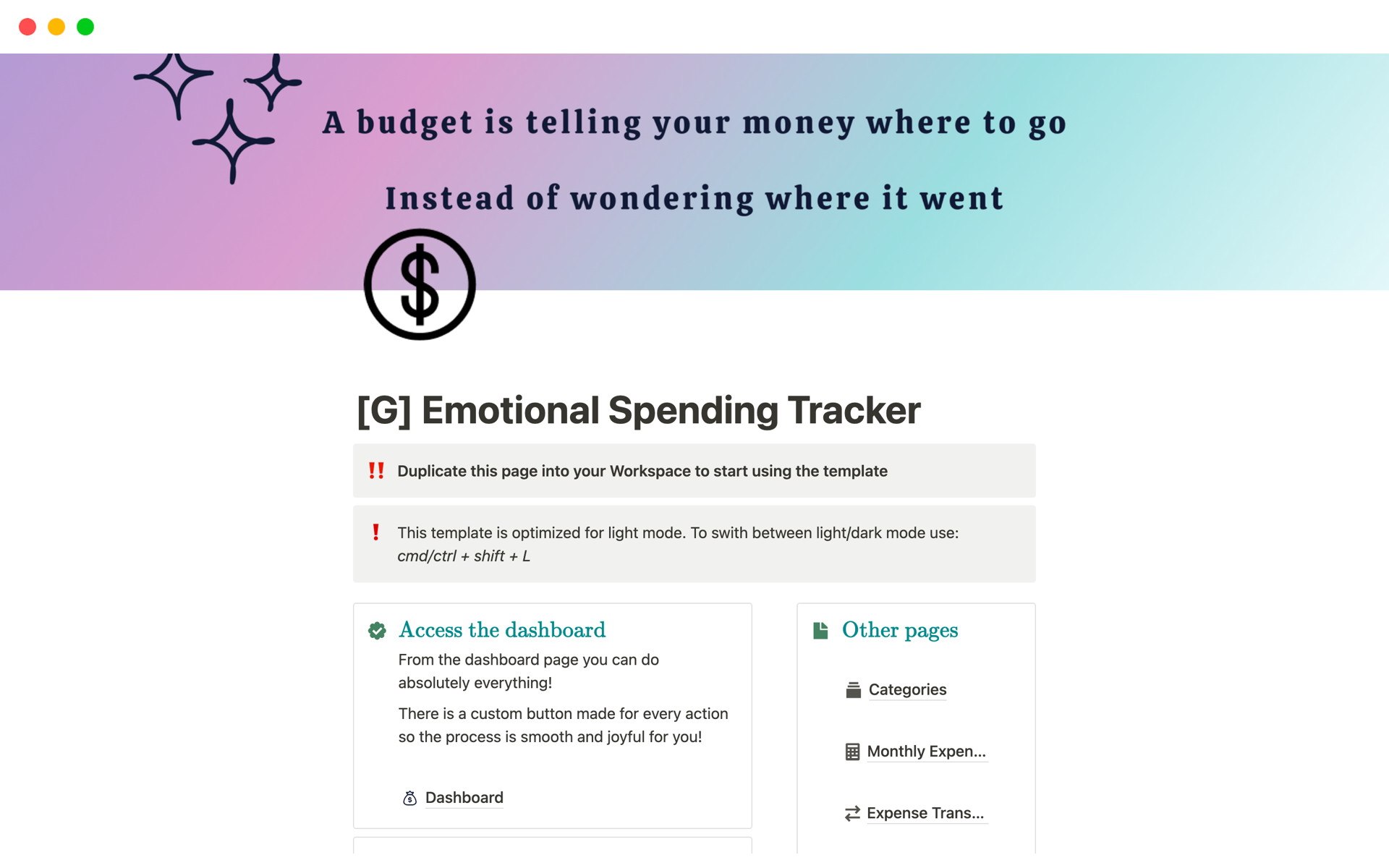 En förhandsgranskning av mallen för Emotional Spending Tracker
