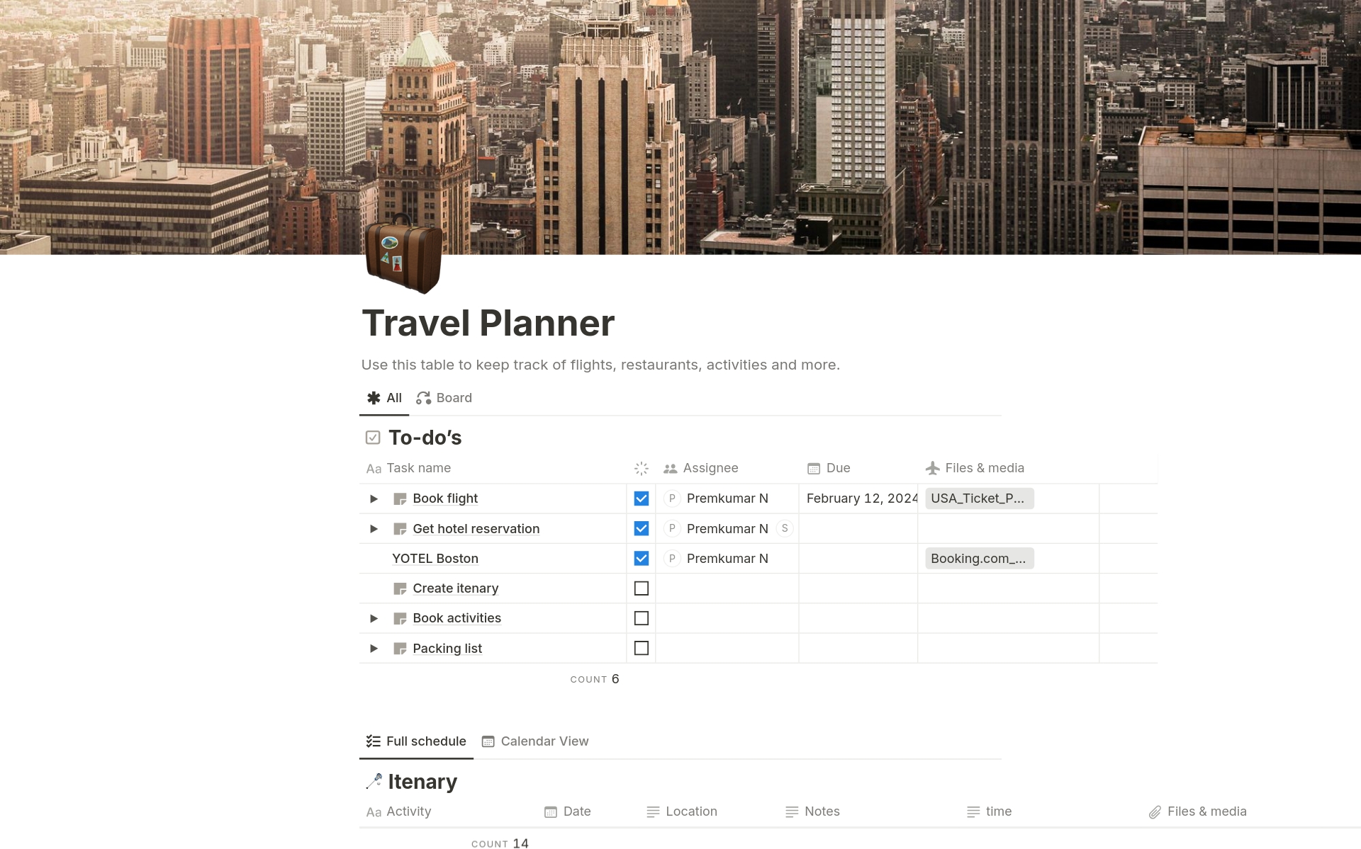 Plan your perfect trip with our Travel Planner template. This template includes detailed examples for trips to USA destinations like Boston and NYC. Organize your itinerary, accommodations, activities, and more, all in one place. Make your travel planning seamless and stress-free