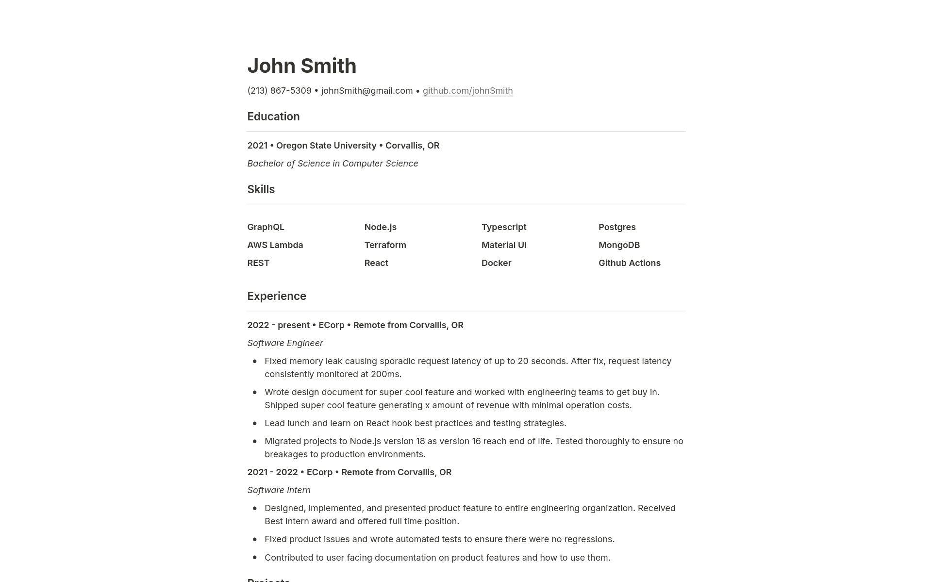 A template preview for Tech Resume