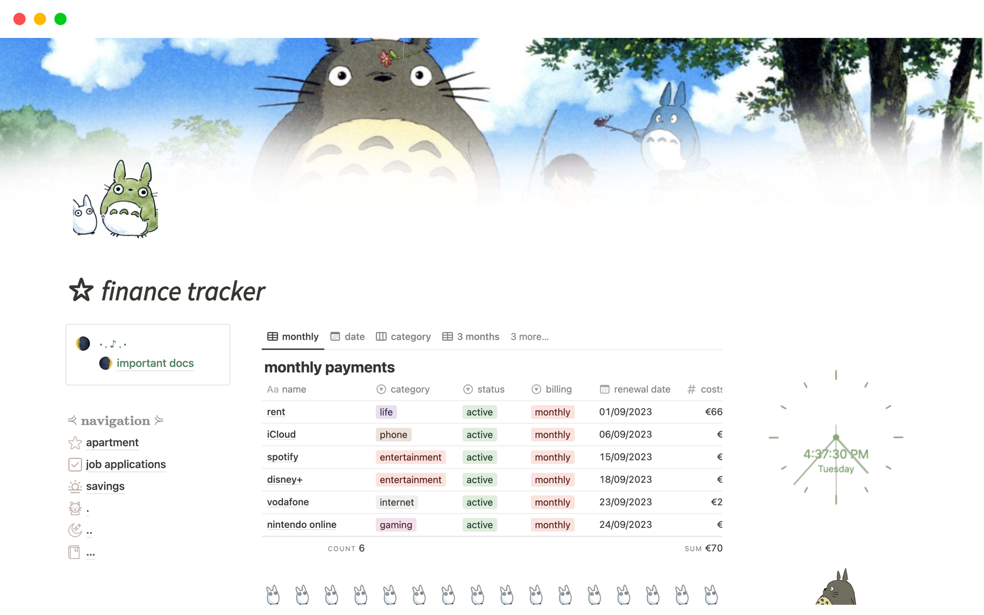 A template preview for finance tracker: totoro version