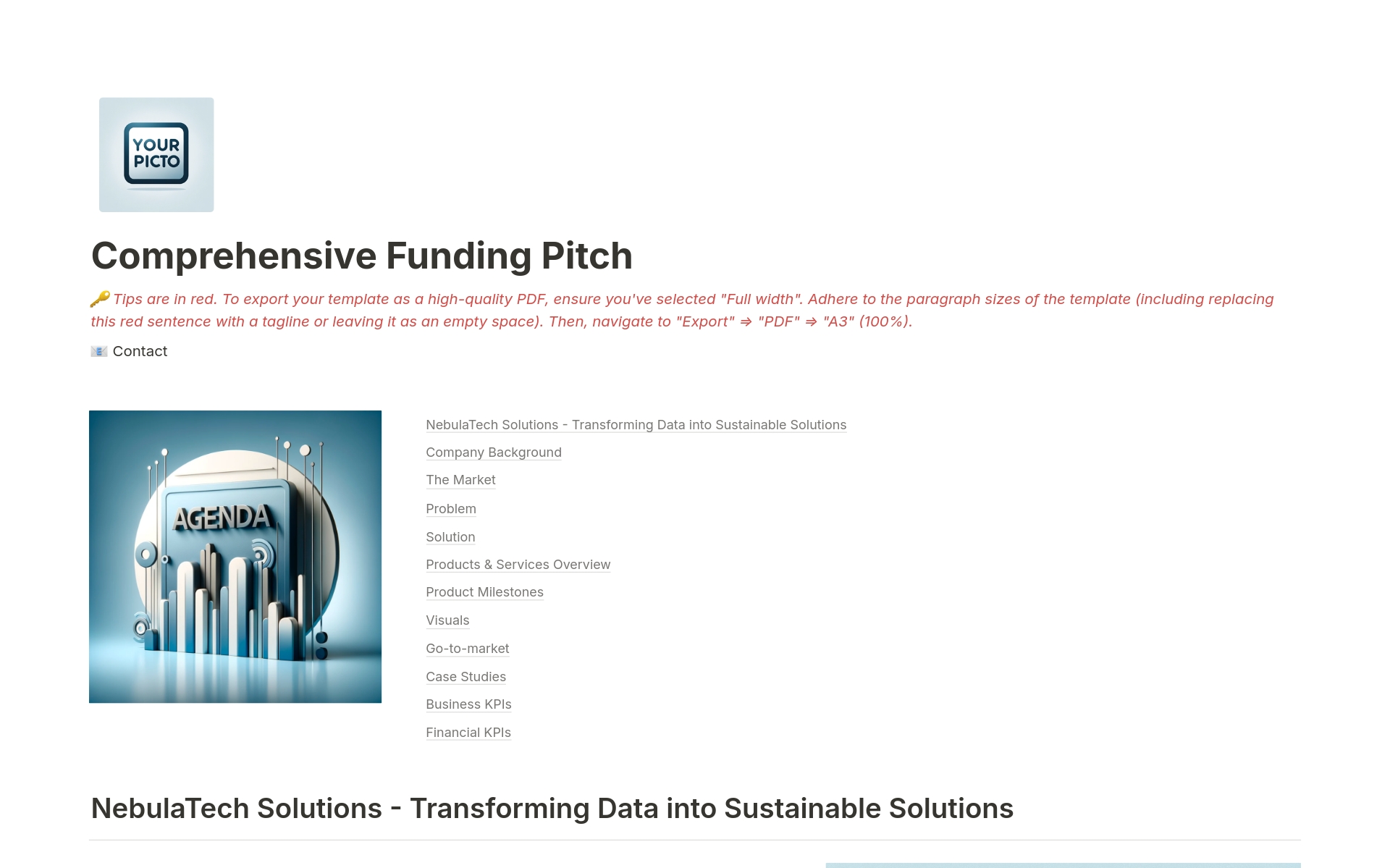 A template preview for Comprehensive Funding Pitch