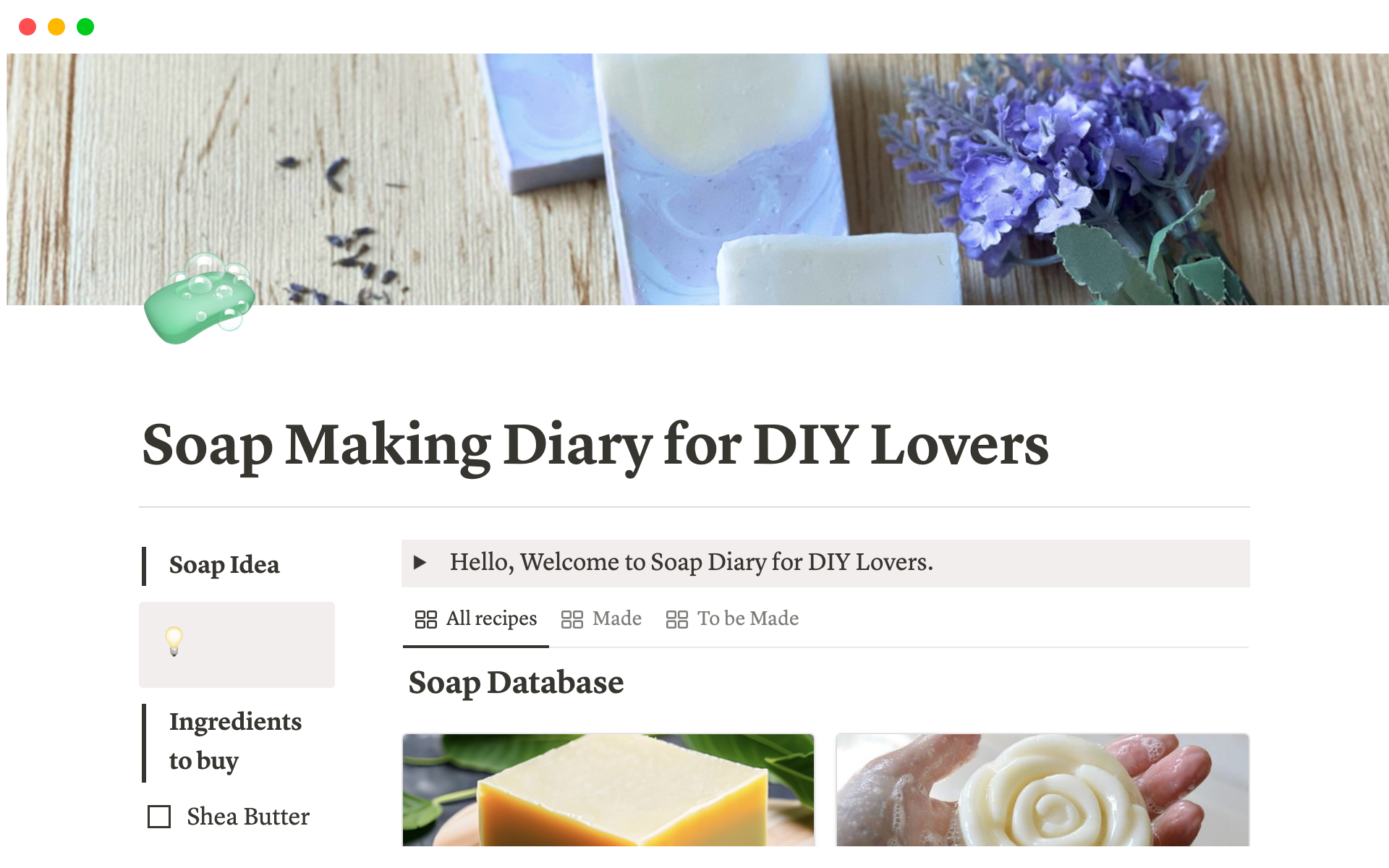 En förhandsgranskning av mallen för Soap Making Diary for DIY Lovers
