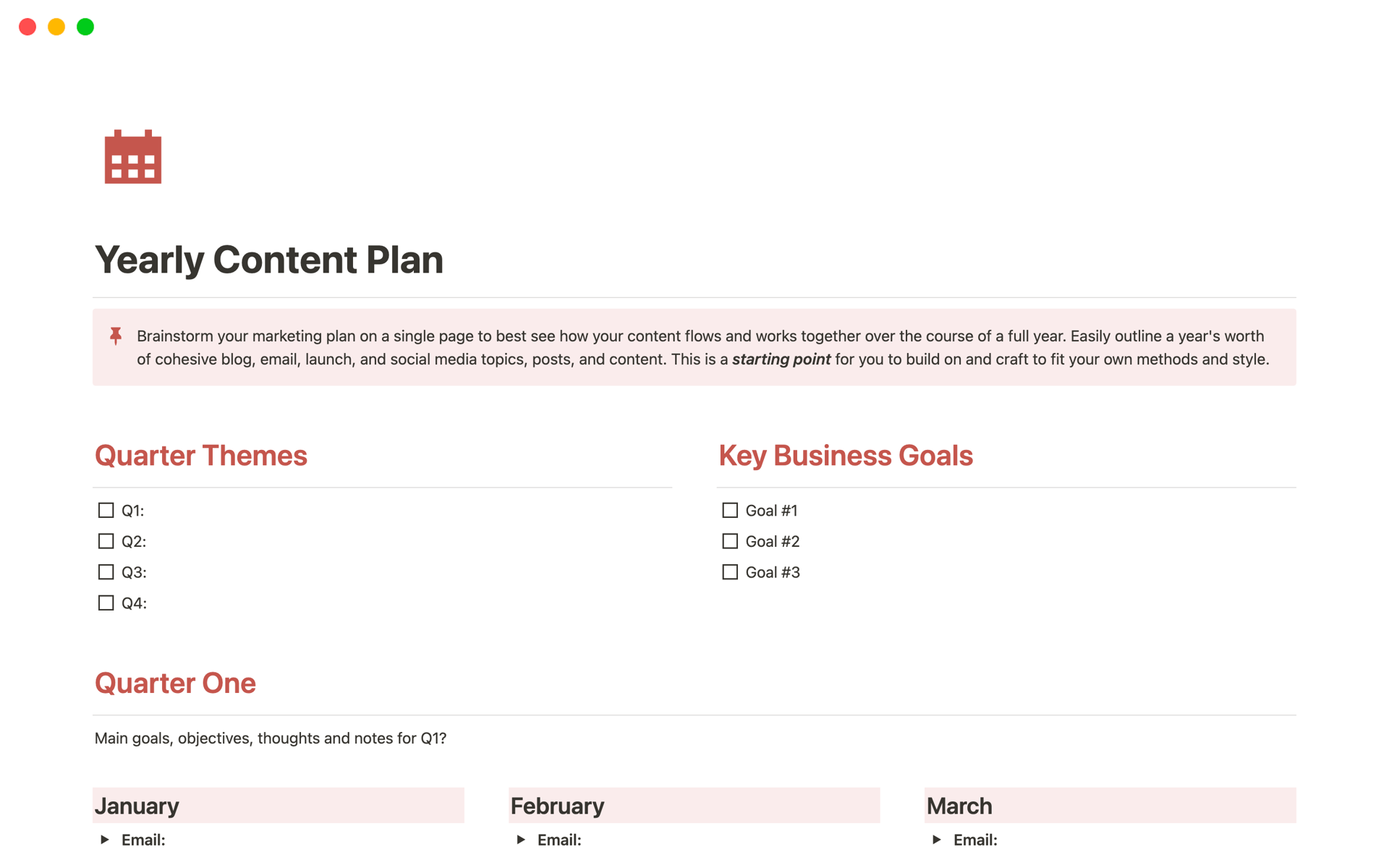 En forhåndsvisning av mal for Yearly Content Plan (Basic)