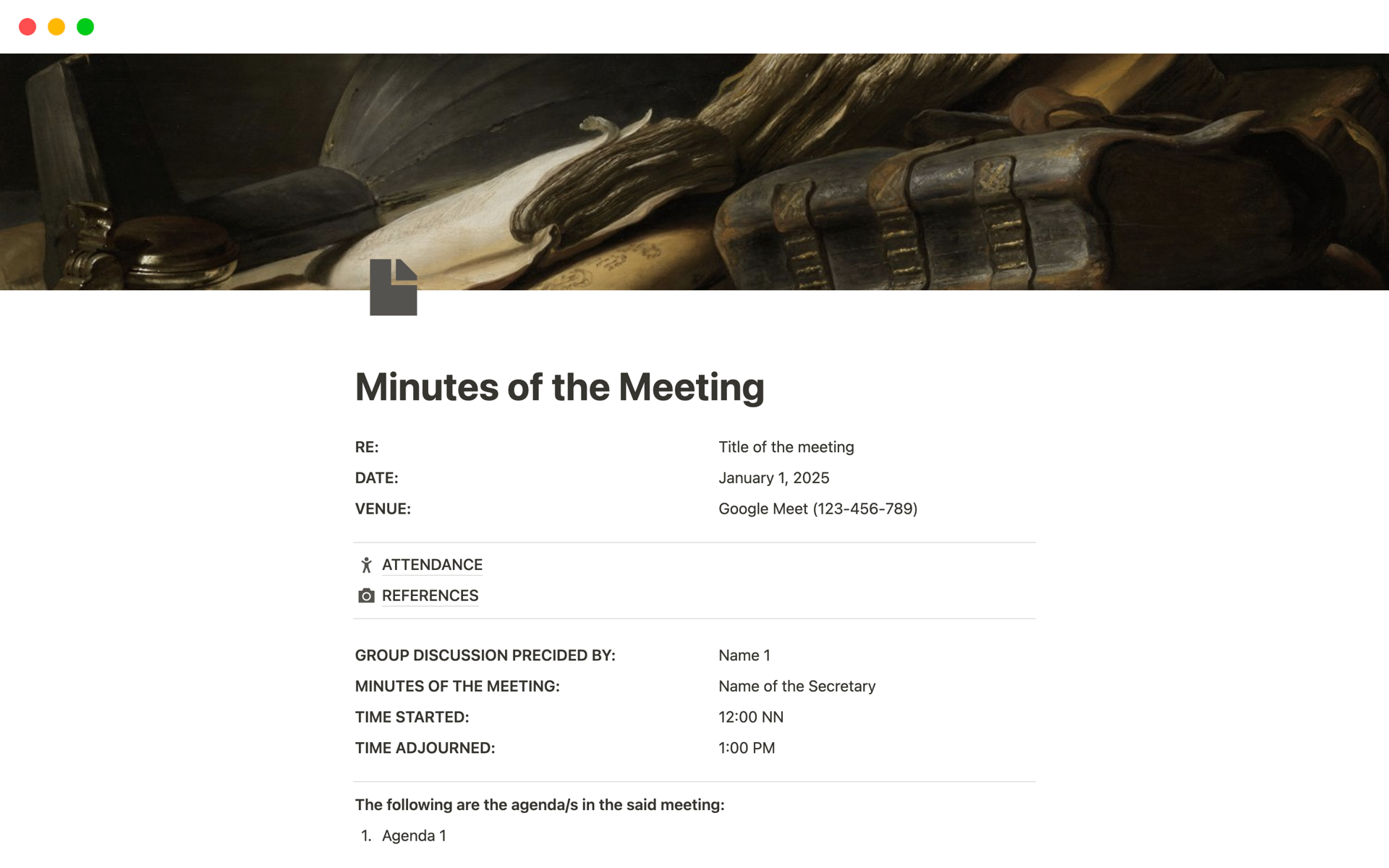 Eine Vorlagenvorschau für Minutes of the Meeting