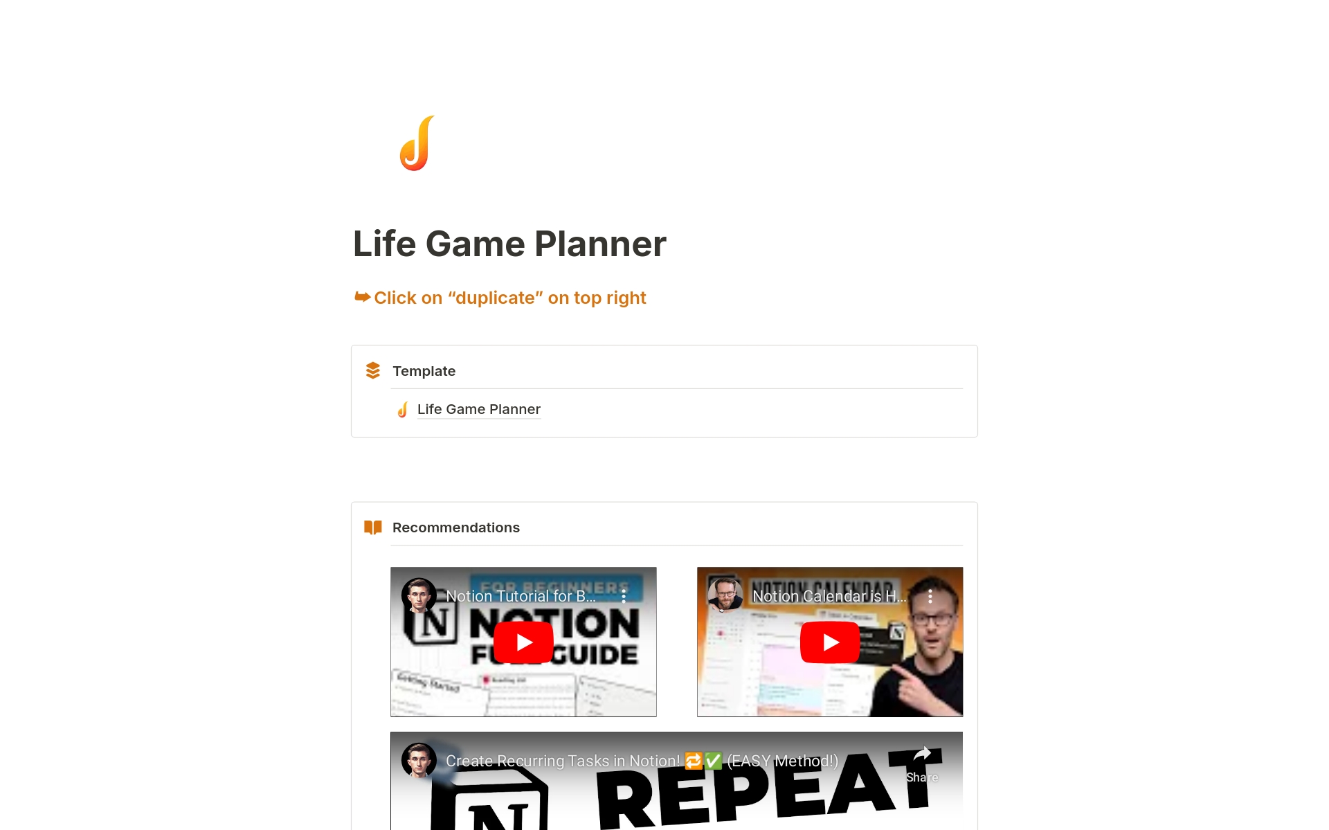 A template preview for Life Game Planner