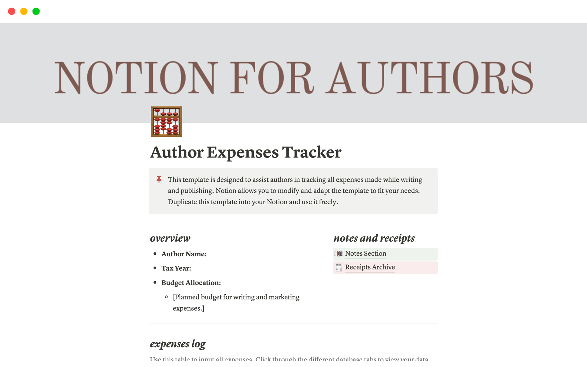 En förhandsgranskning av mallen för Author Expenses Tracker