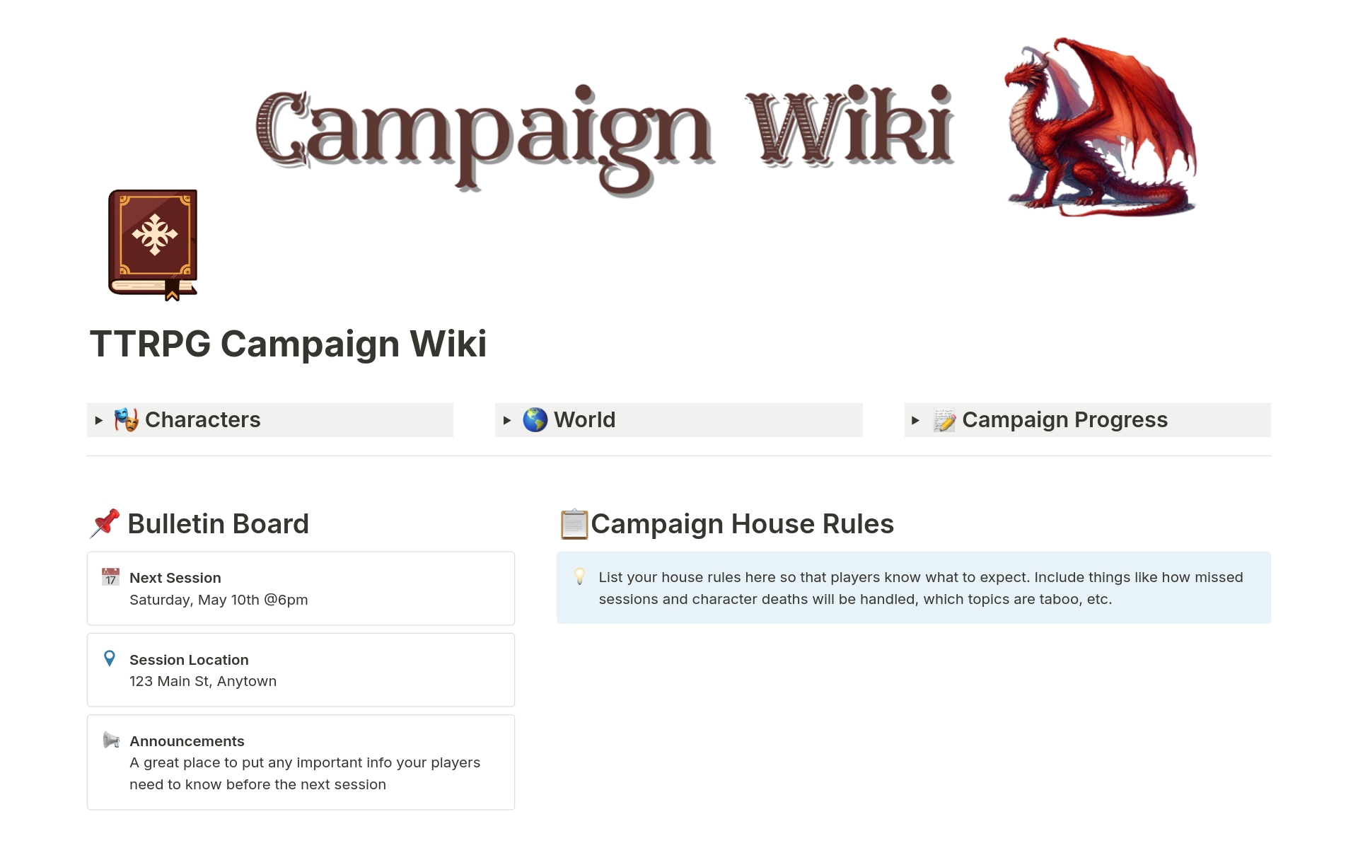 Introducing the TTRPG Campaign Wiki - your ultimate tool immersive tabletop role-playing adventures! This meticulously designed Notion template is tailored for TTRPG players, allowing you to keep track of every aspect of your campaigns with ease.