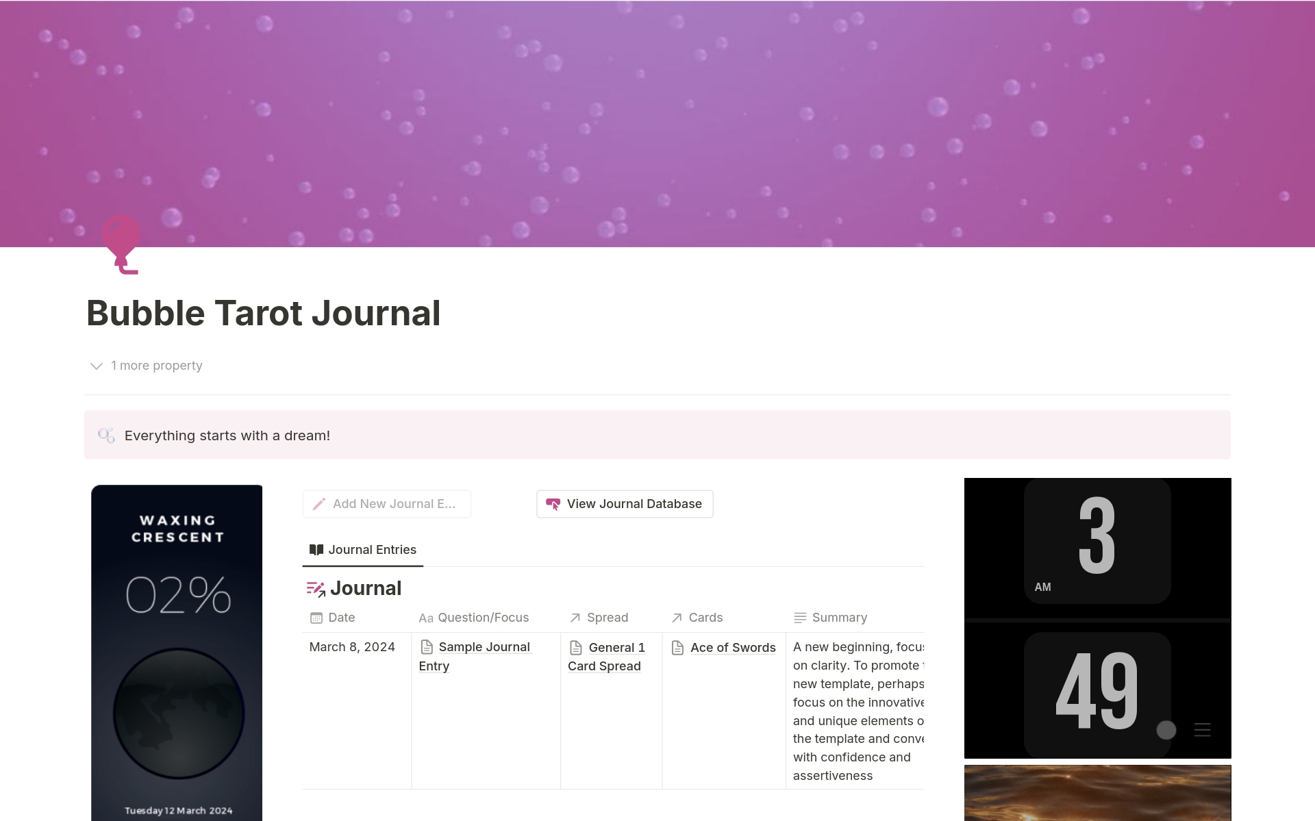 En förhandsgranskning av mallen för Bubble Tarot Journal