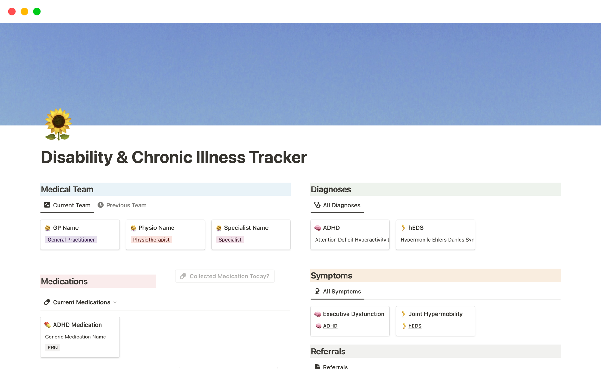 En förhandsgranskning av mallen för Disability & Chronic Illness Tracker