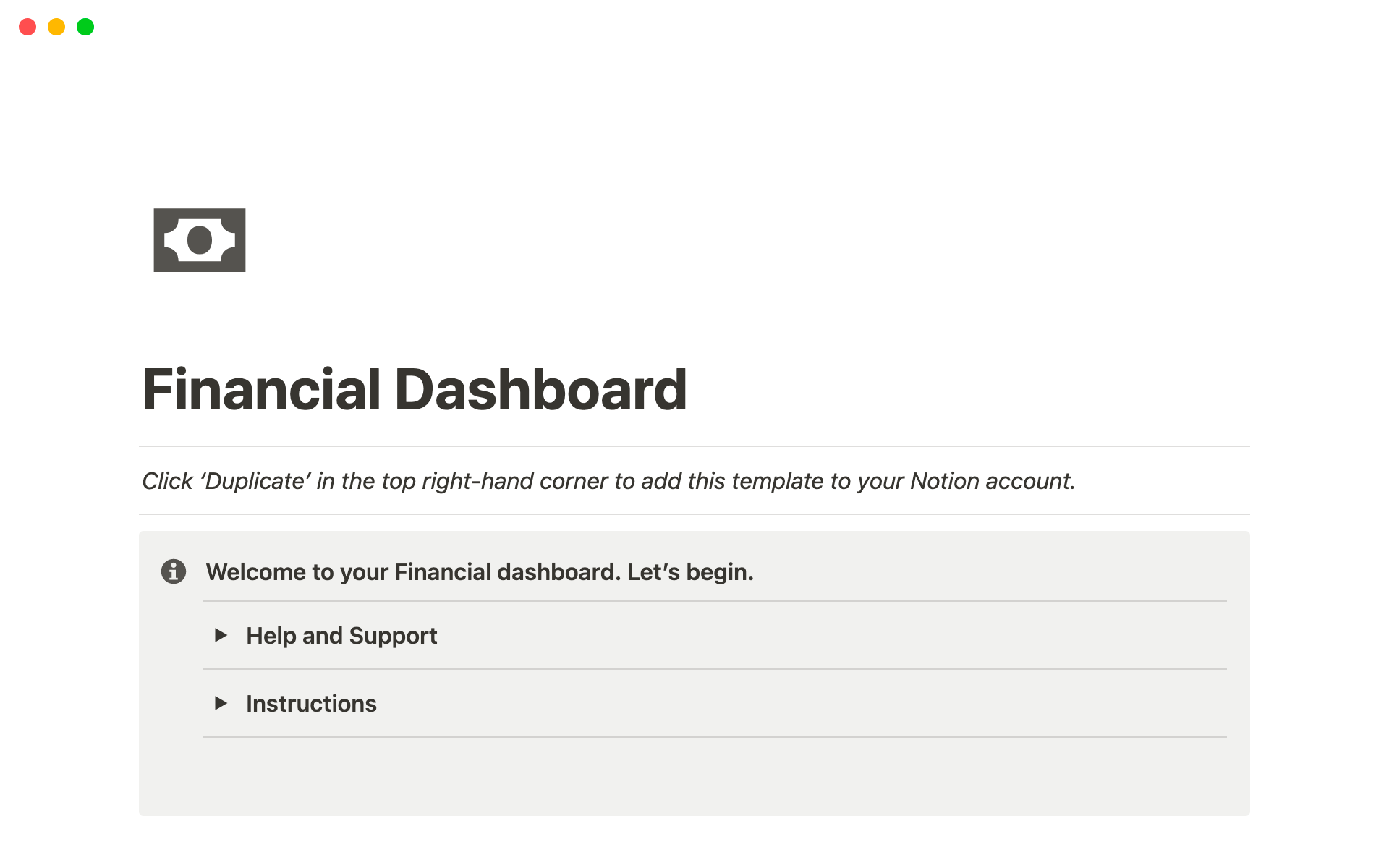 En forhåndsvisning av mal for Financial Dashboard