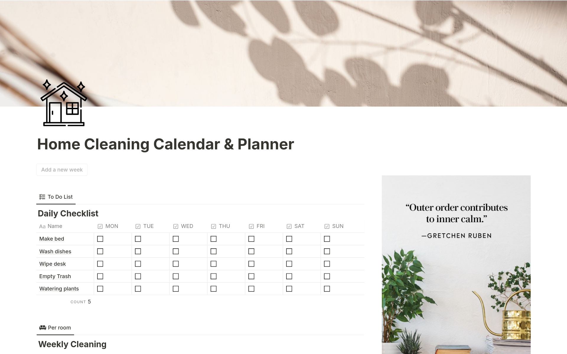 En forhåndsvisning av mal for Home Cleaning Calendar & Planner