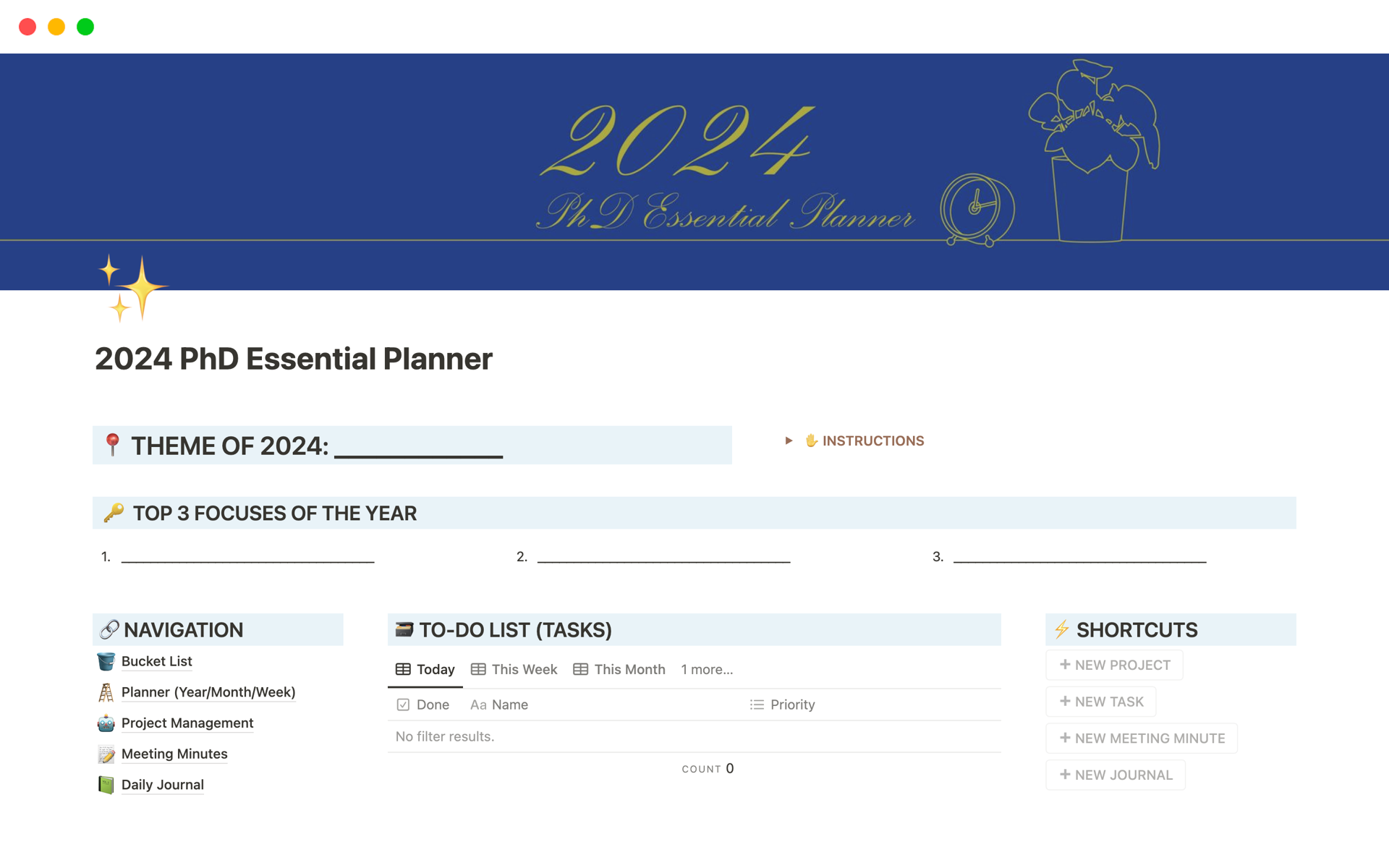 A template preview for 2024 PhD Essential Planner