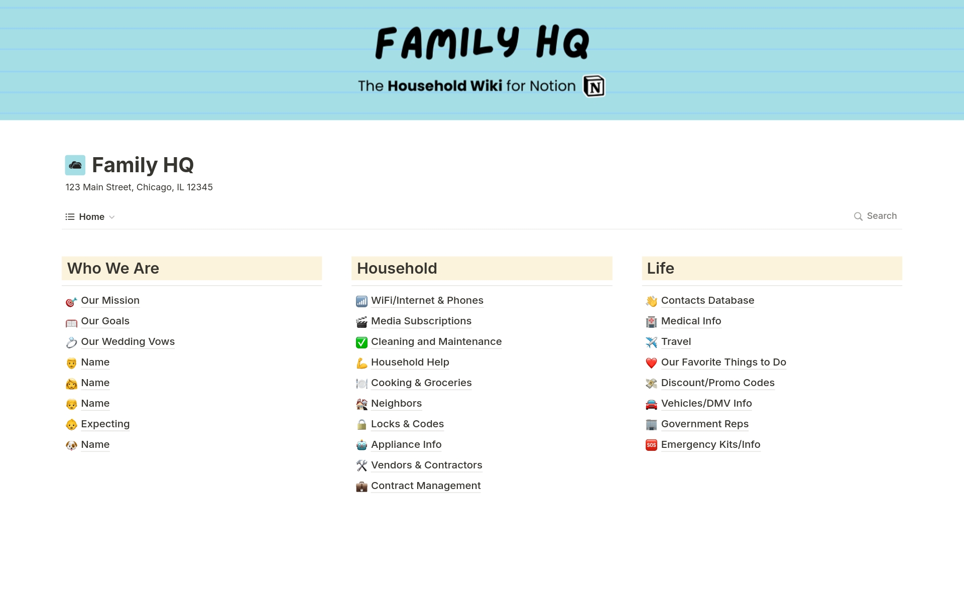 A template preview for Family HQ