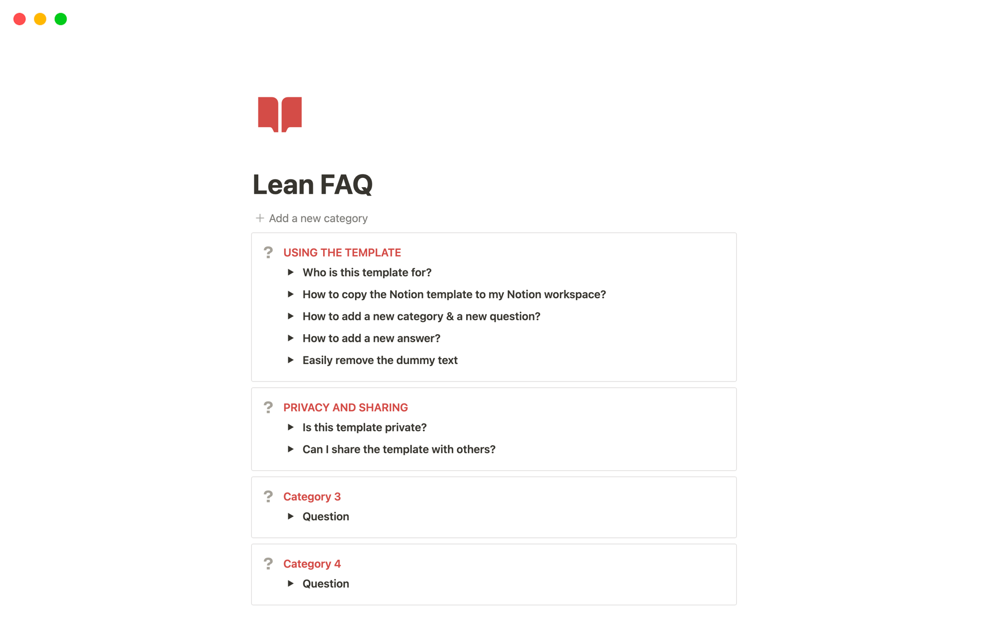 Vista previa de una plantilla para Lean FAQ 
