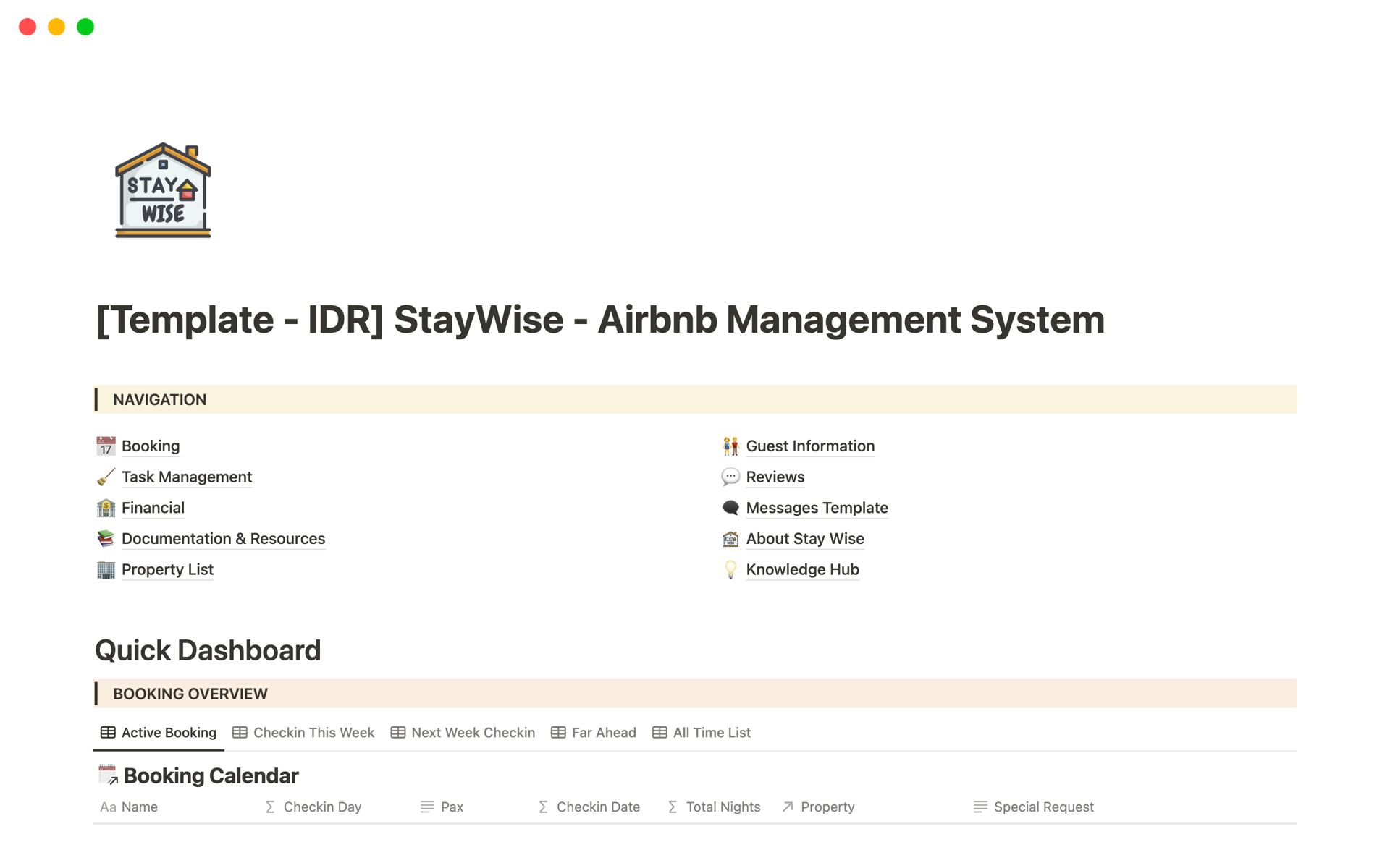 En forhåndsvisning av mal for StayWise IDR - Airbnb Management System