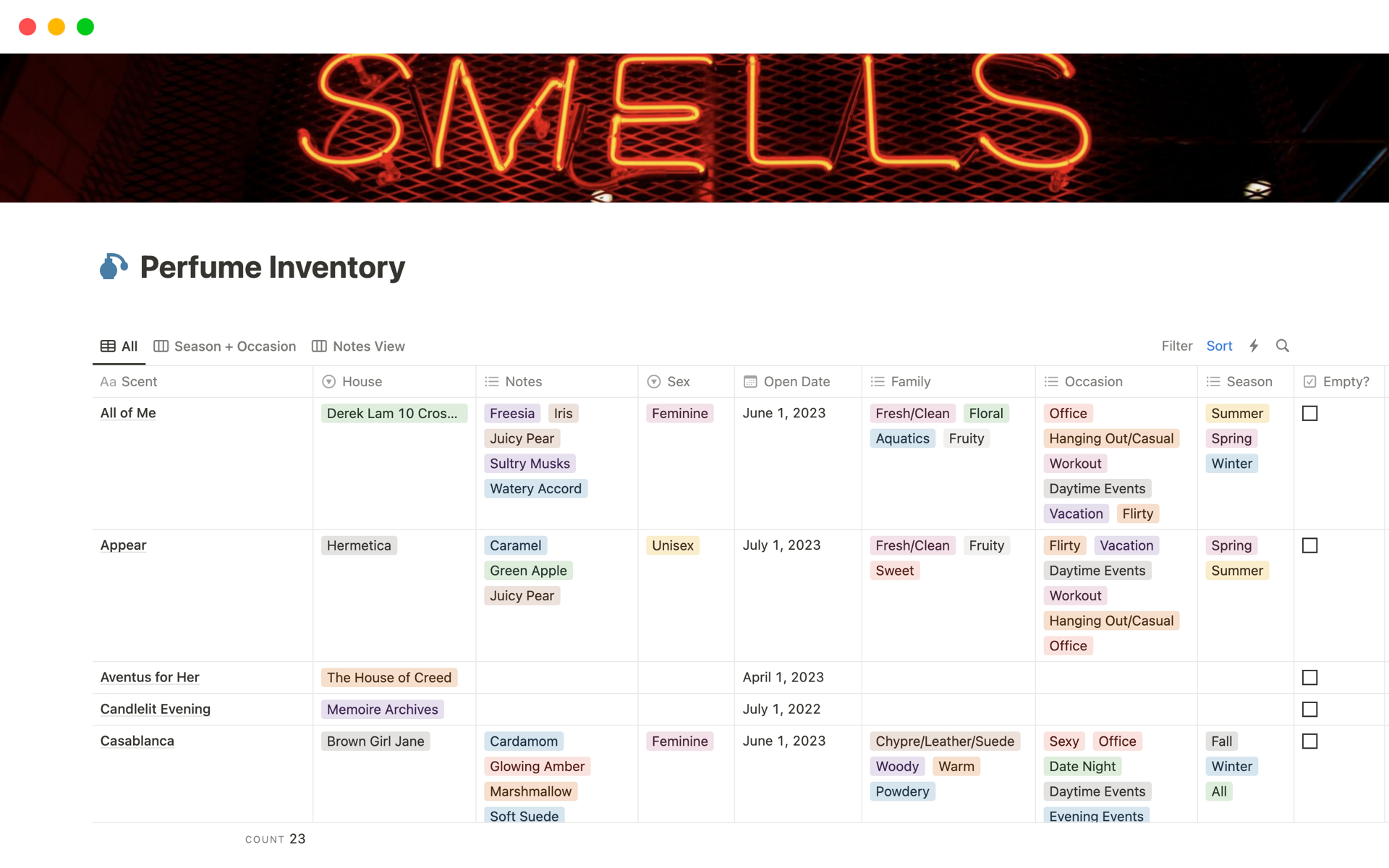 Vista previa de una plantilla para Perfume Inventory