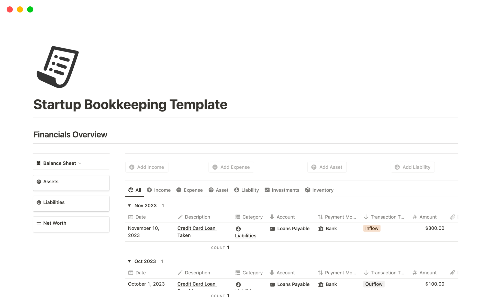 This startup bookkeeping template is a simple Notion template designed to help new businesses keep track of their money, showing where it comes from and where it goes.