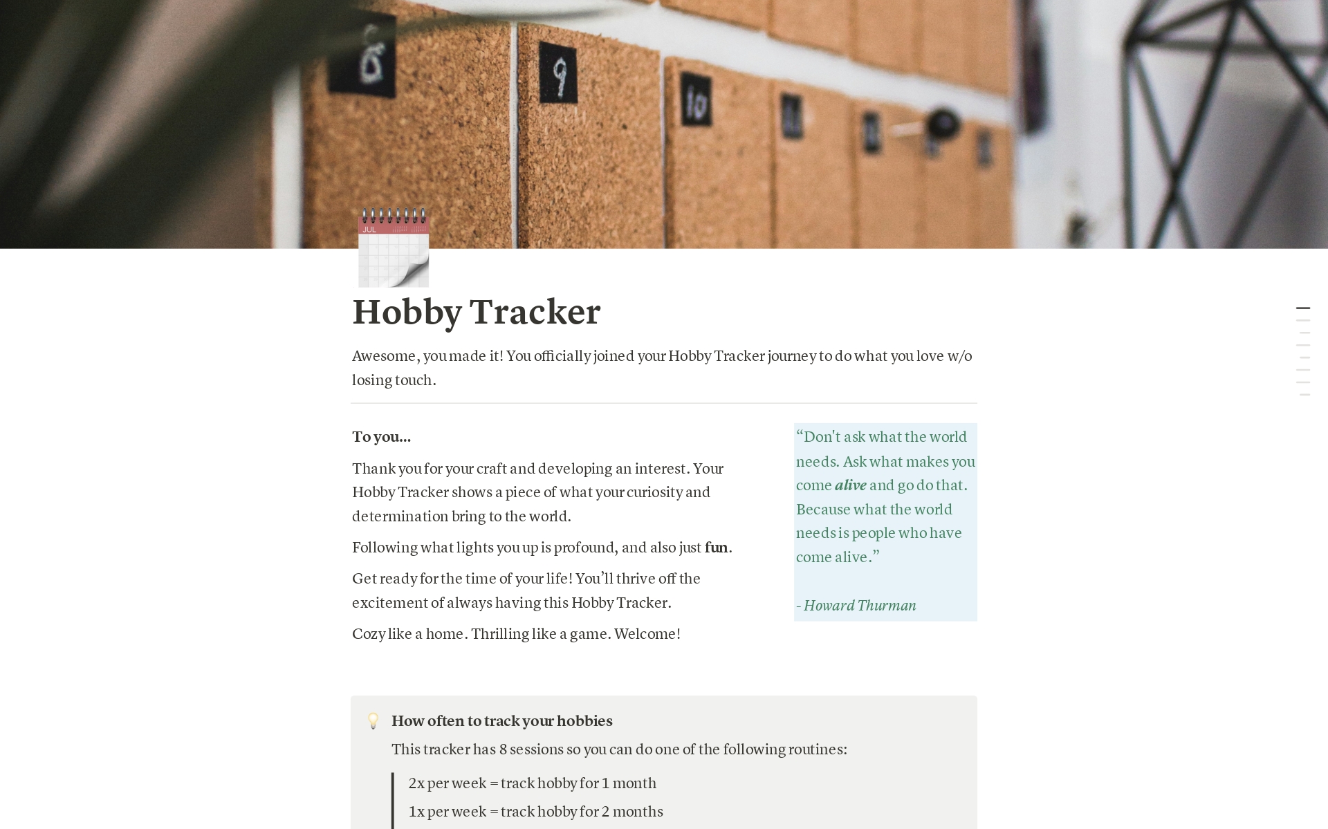 En förhandsgranskning av mallen för Hobby Tracker