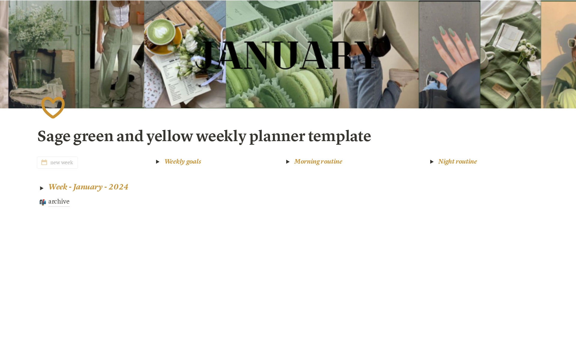 En förhandsgranskning av mallen för Sage green and yellow weekly planner