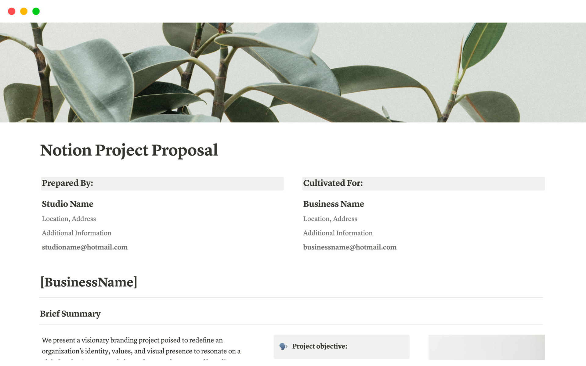 En forhåndsvisning av mal for Project Proposal