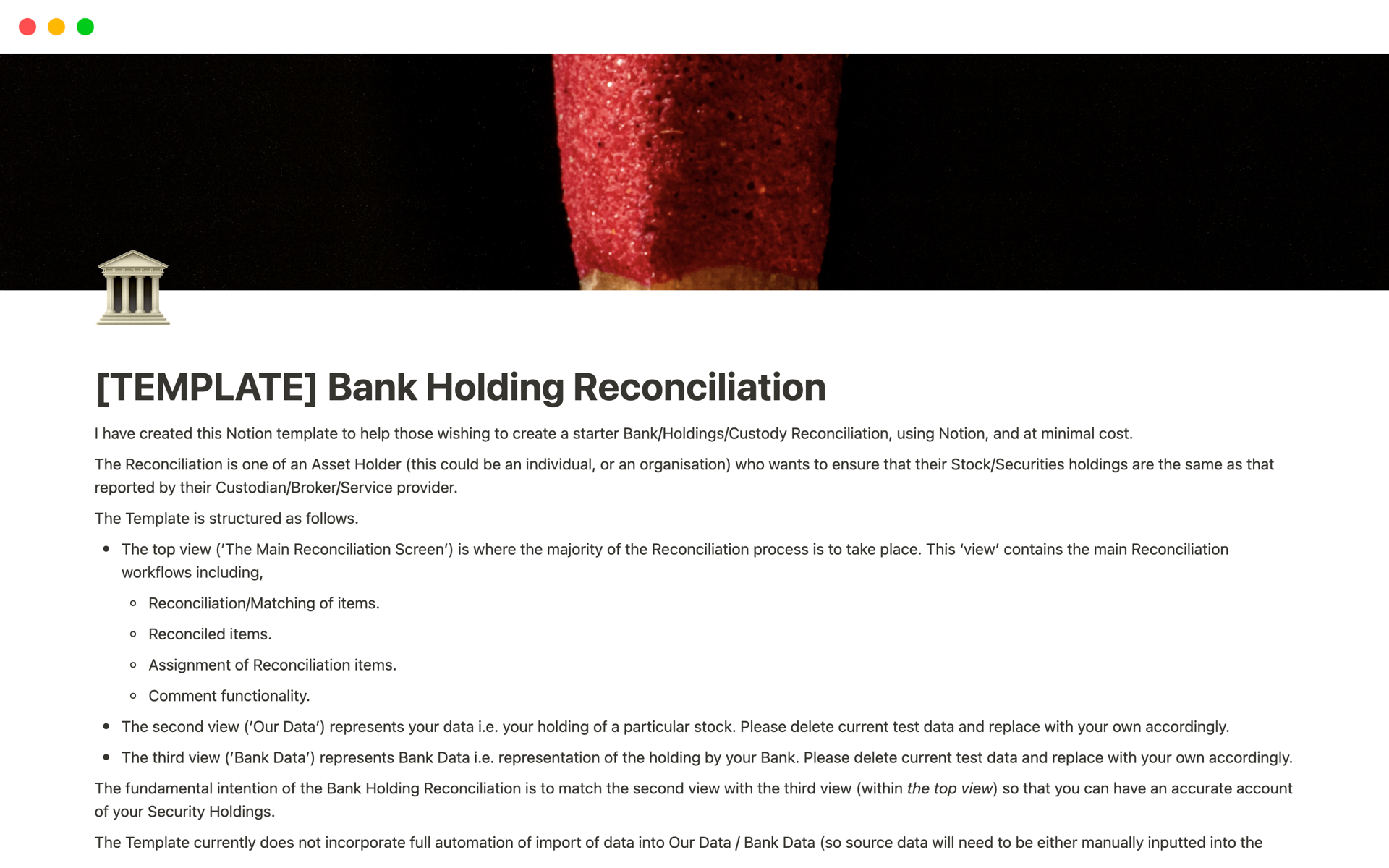 En forhåndsvisning av mal for Bank Holding Reconciliation