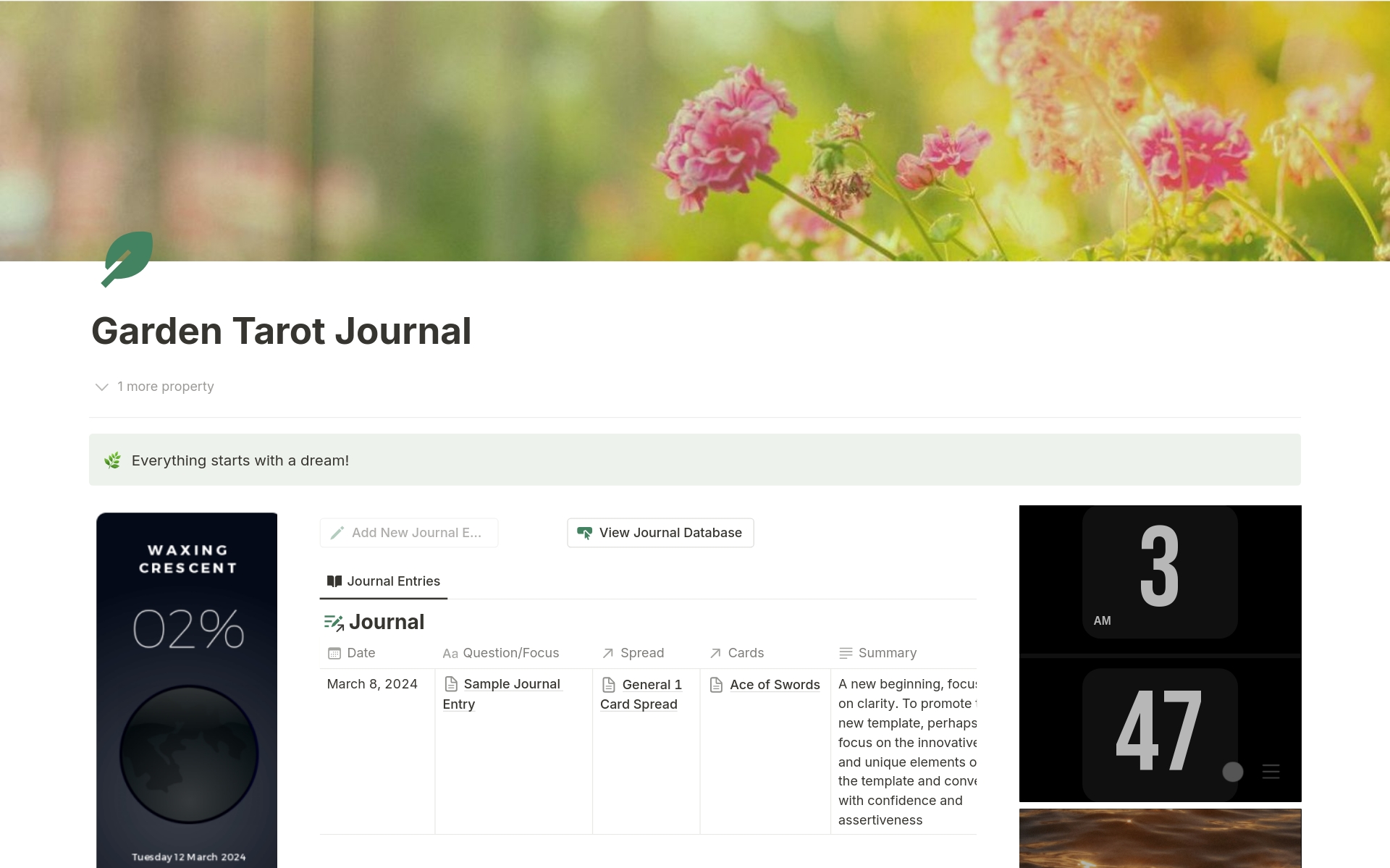 Eine Vorlagenvorschau für Garden Tarot Journal