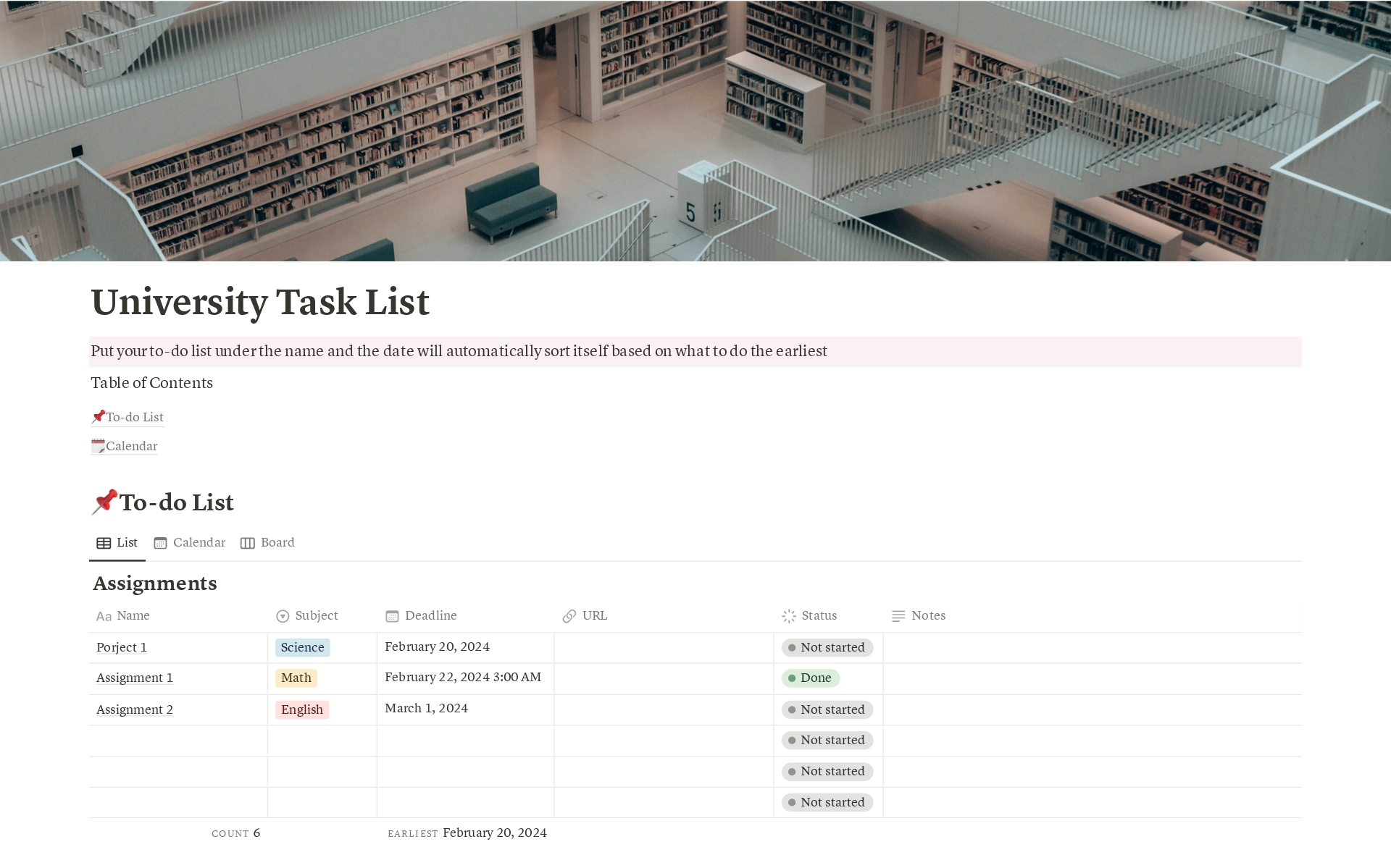 A template preview for University Task List (To-do, Deadlines, Reminders)