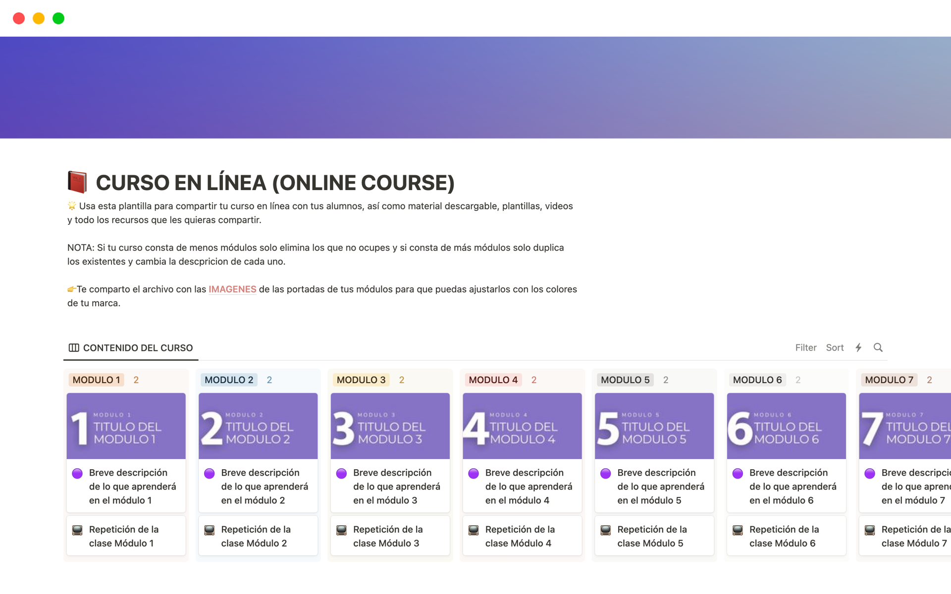 En förhandsgranskning av mallen för Comparte tu curso en línea