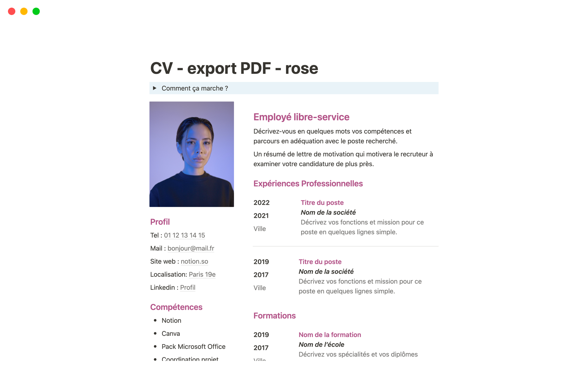 En forhåndsvisning av mal for CV simple pour export PDF - rose