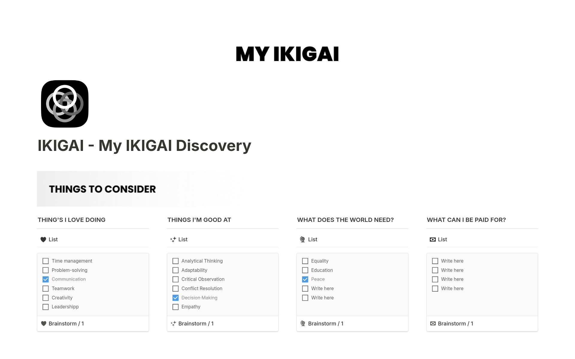 En förhandsgranskning av mallen för IKIGAI - My IKIGAI Discovery