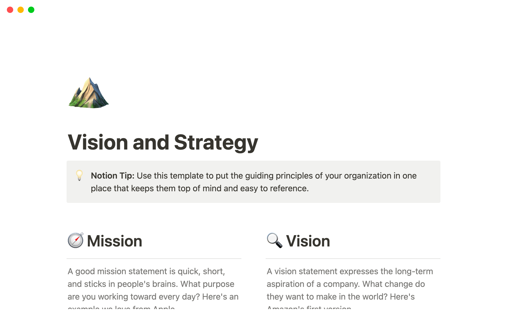 En förhandsgranskning av mallen för Vision and Strategy