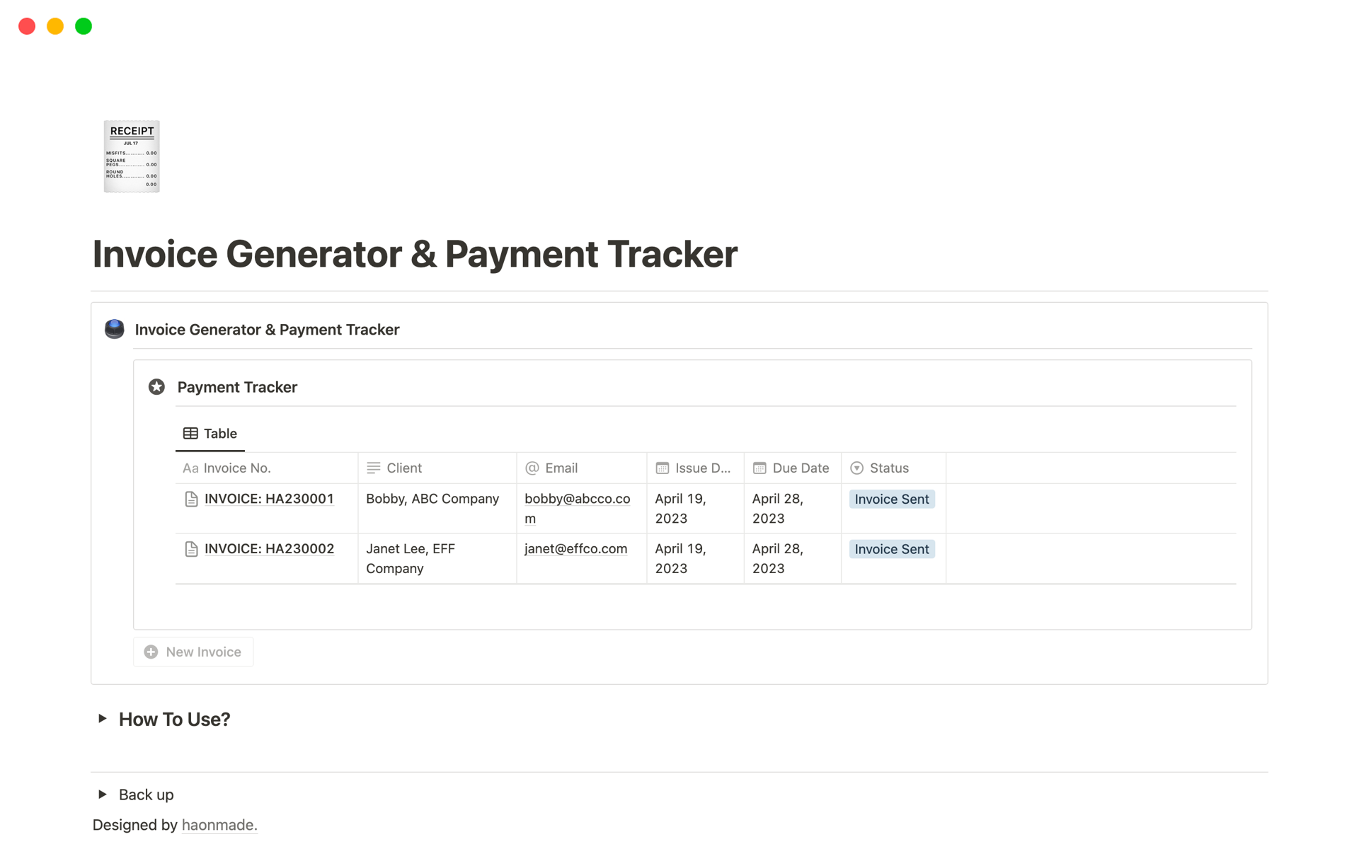 A simple and functional invoice generator & payment tracker in Notion. Best for starting out freelancers, designers, artists, and creators.