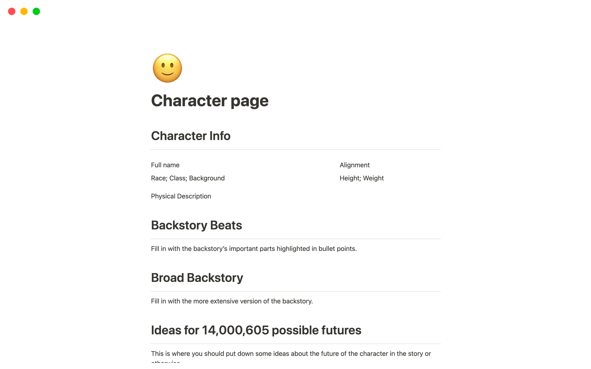 Eine Vorlagenvorschau für Character page