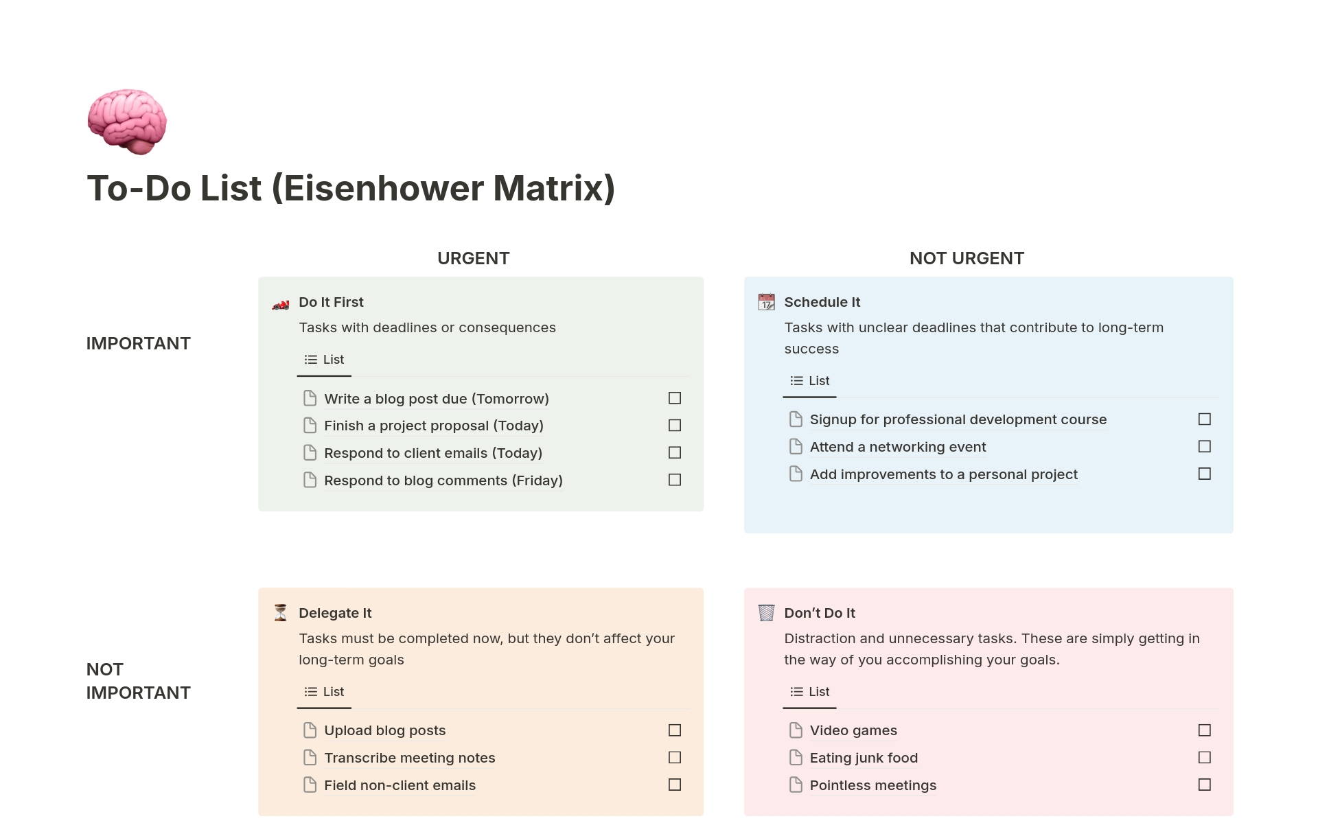 To-Do List (Eisenhower Matrix)のテンプレートのプレビュー