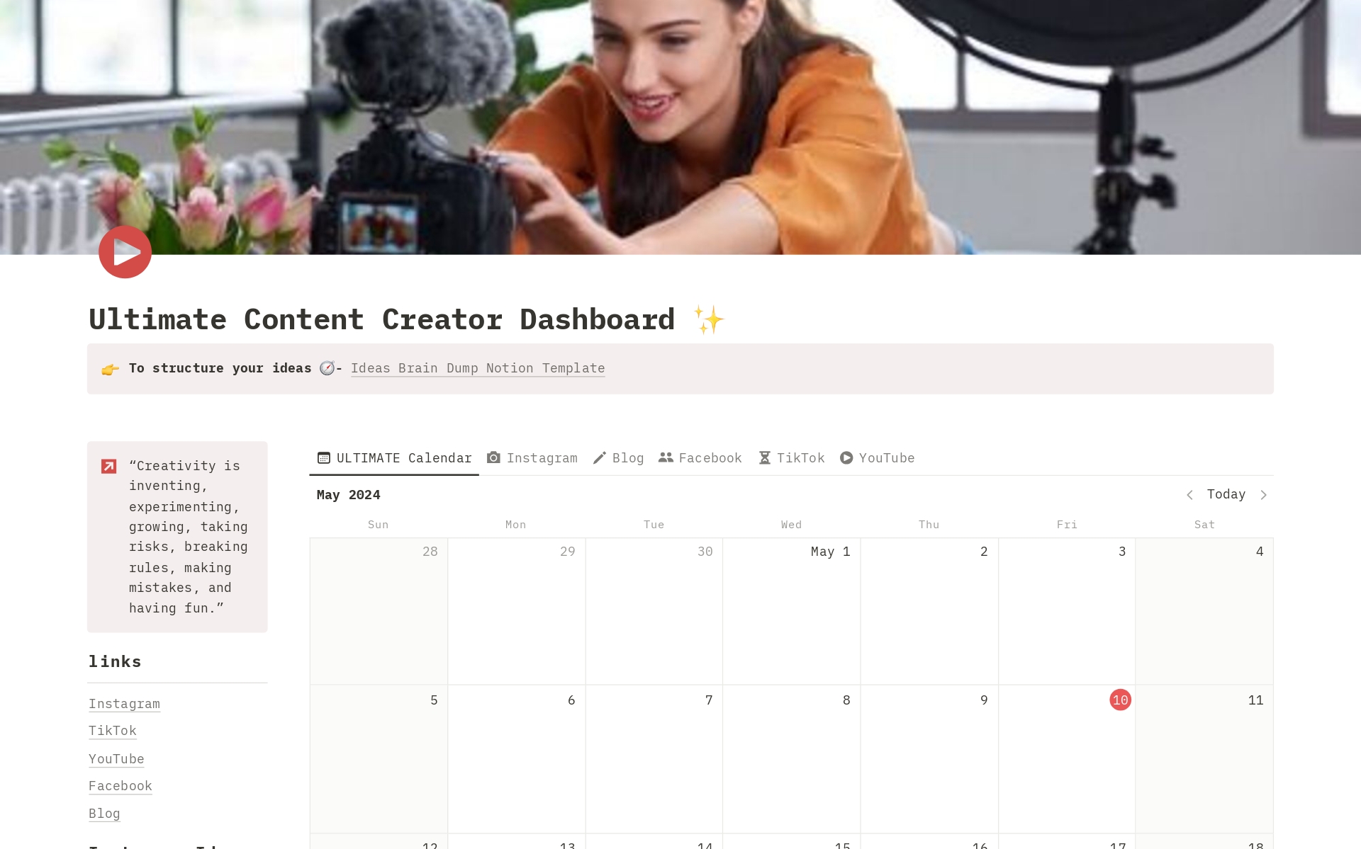 En förhandsgranskning av mallen för ULTIMATE Content Creator Dashboard