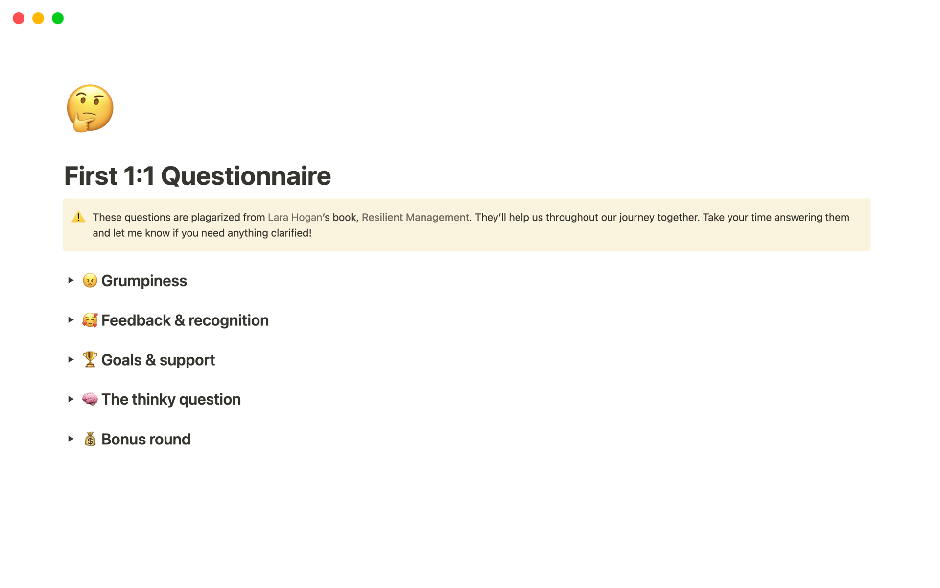 Vista previa de una plantilla para First 1:1 Questionnaire