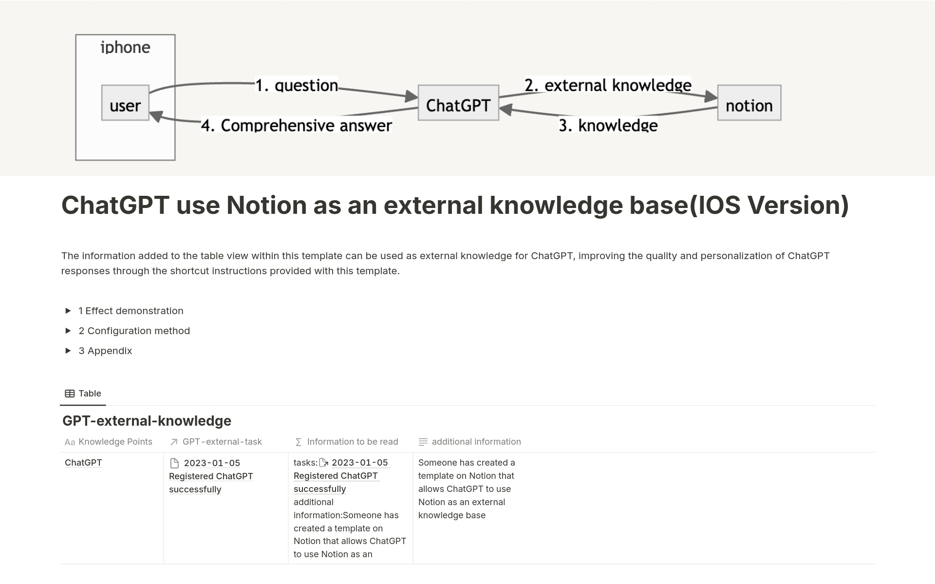 Vista previa de una plantilla para ChatGPT use Notion as an external knowledge base