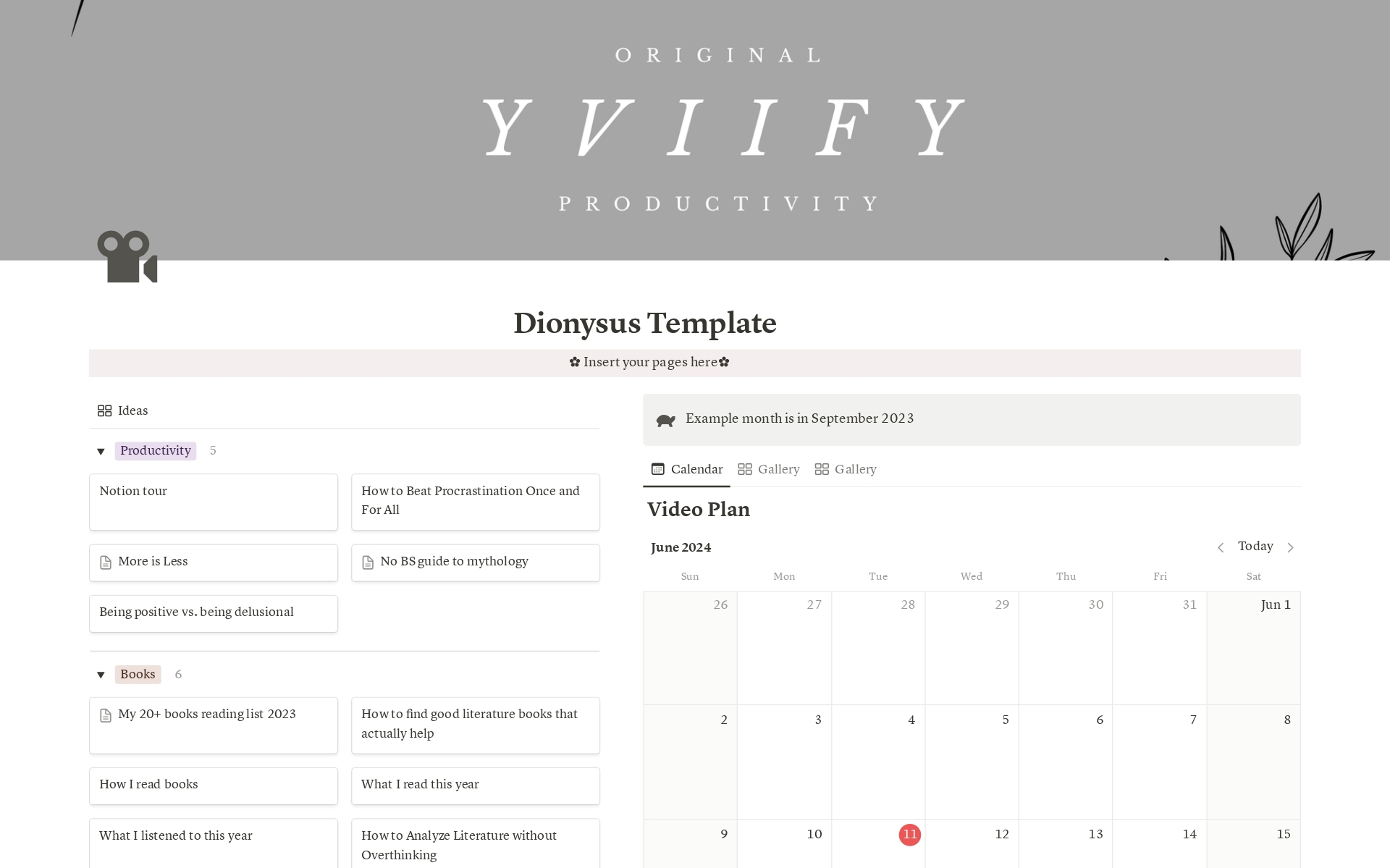 A template preview for Dionysus YouTube Planner