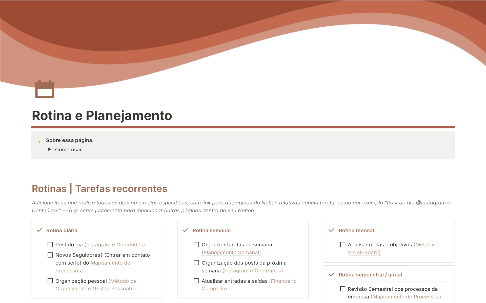 En förhandsgranskning av mallen för Rotina e Planejamento
