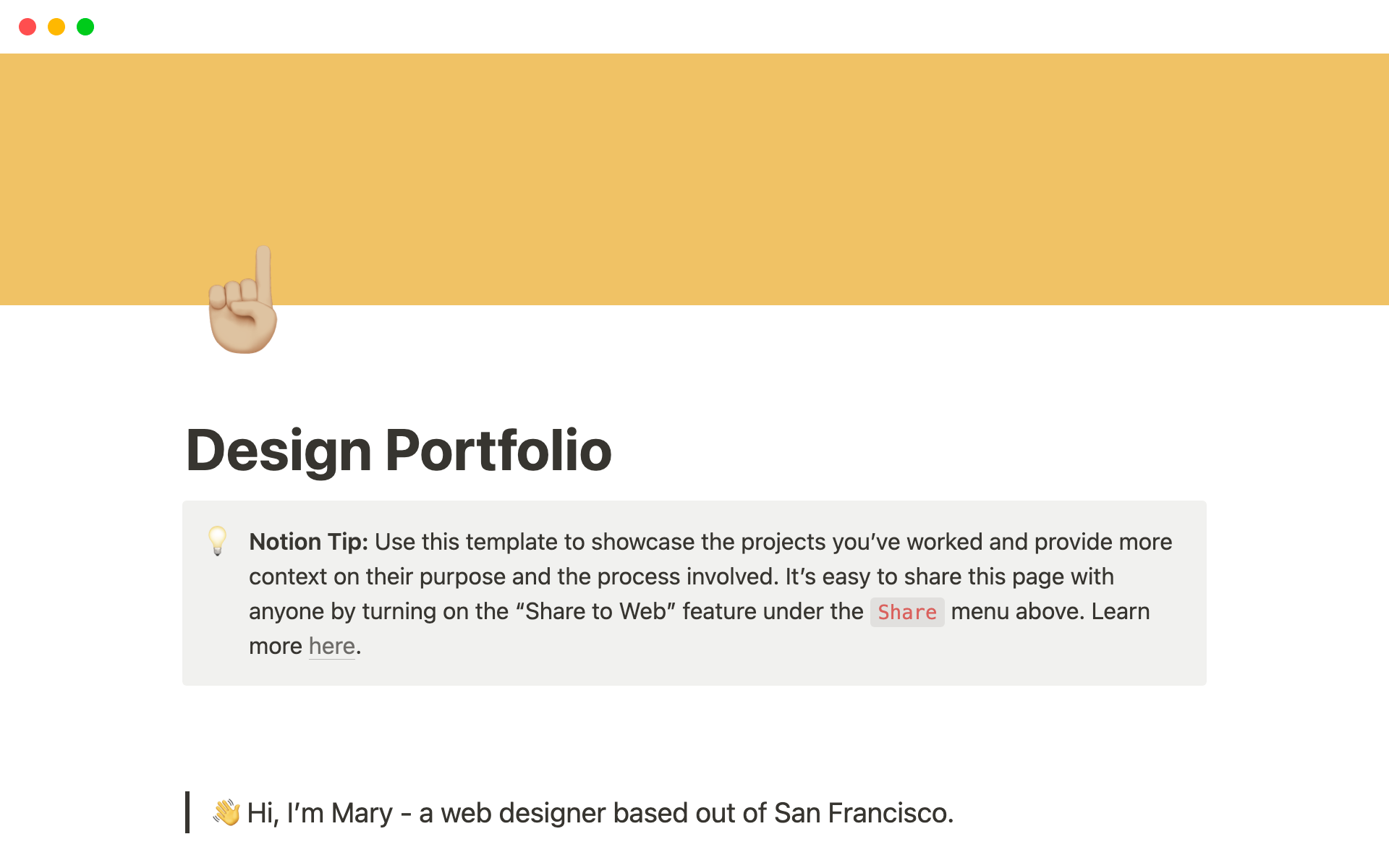 En forhåndsvisning av mal for Design Portfolio