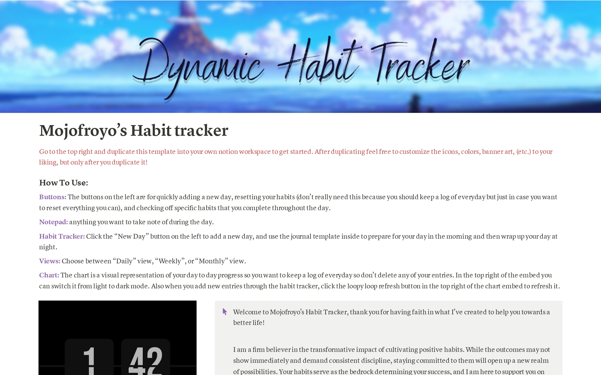 En forhåndsvisning av mal for habit tracker