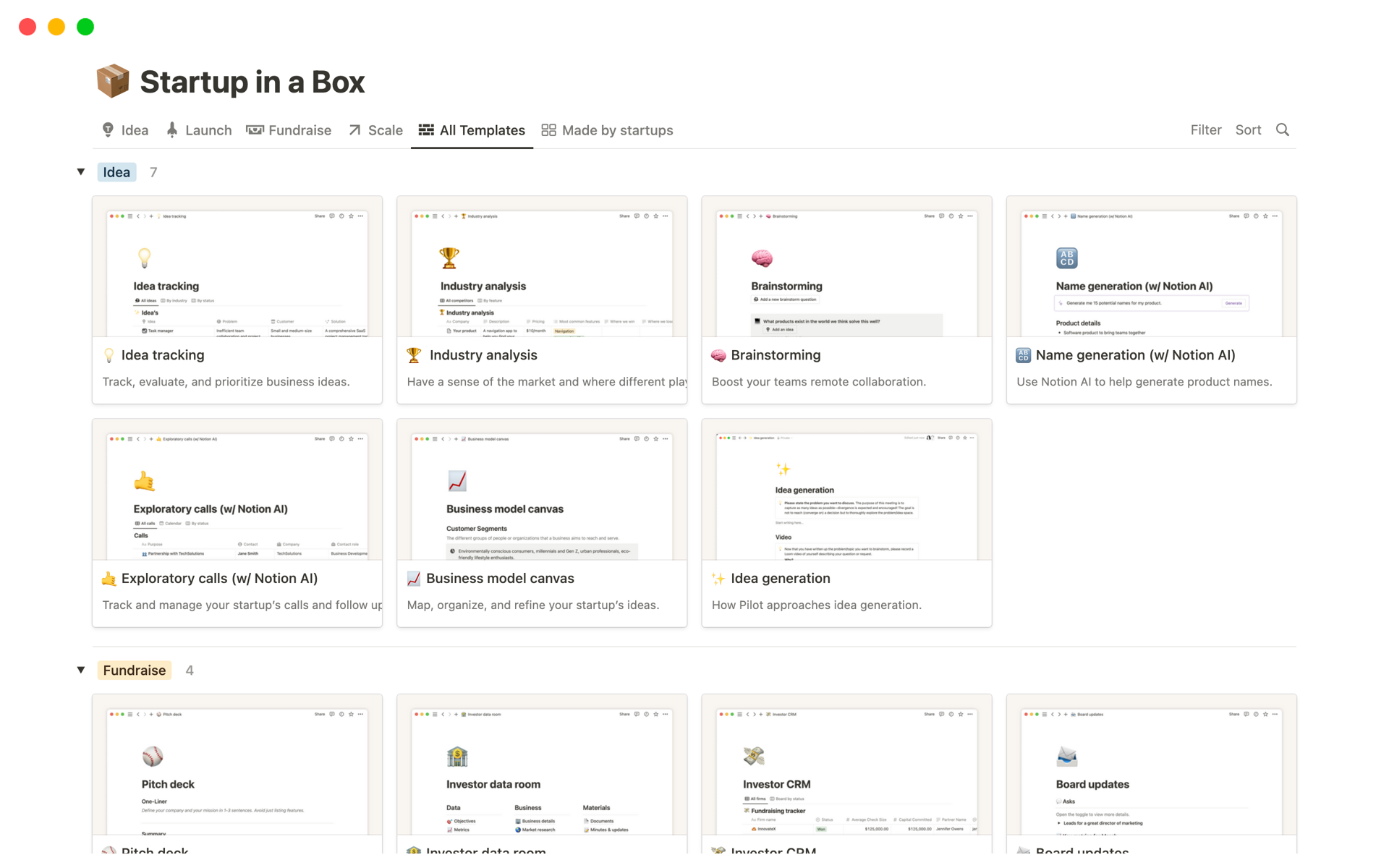En forhåndsvisning av mal for Startup in a Box