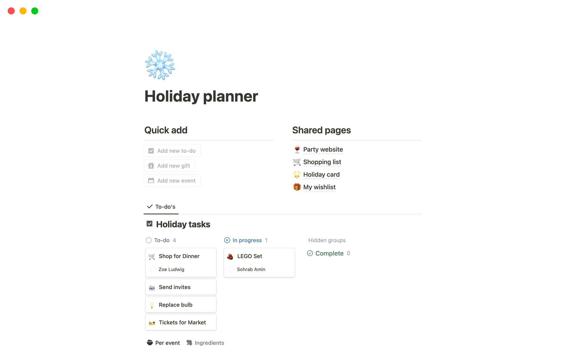 En förhandsgranskning av mallen för Holiday planner