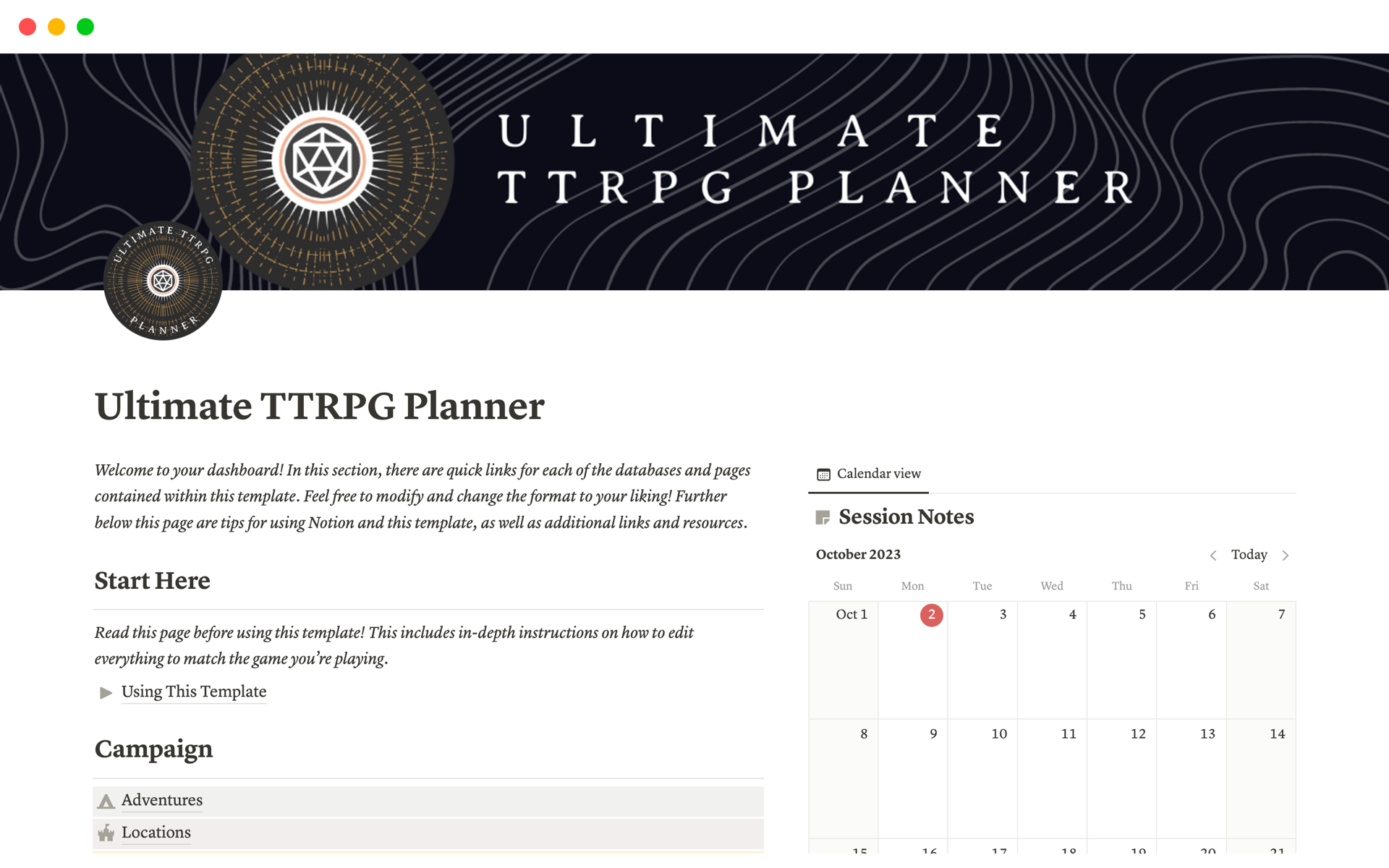 Vista previa de una plantilla para Ultimate TTRPG Planner