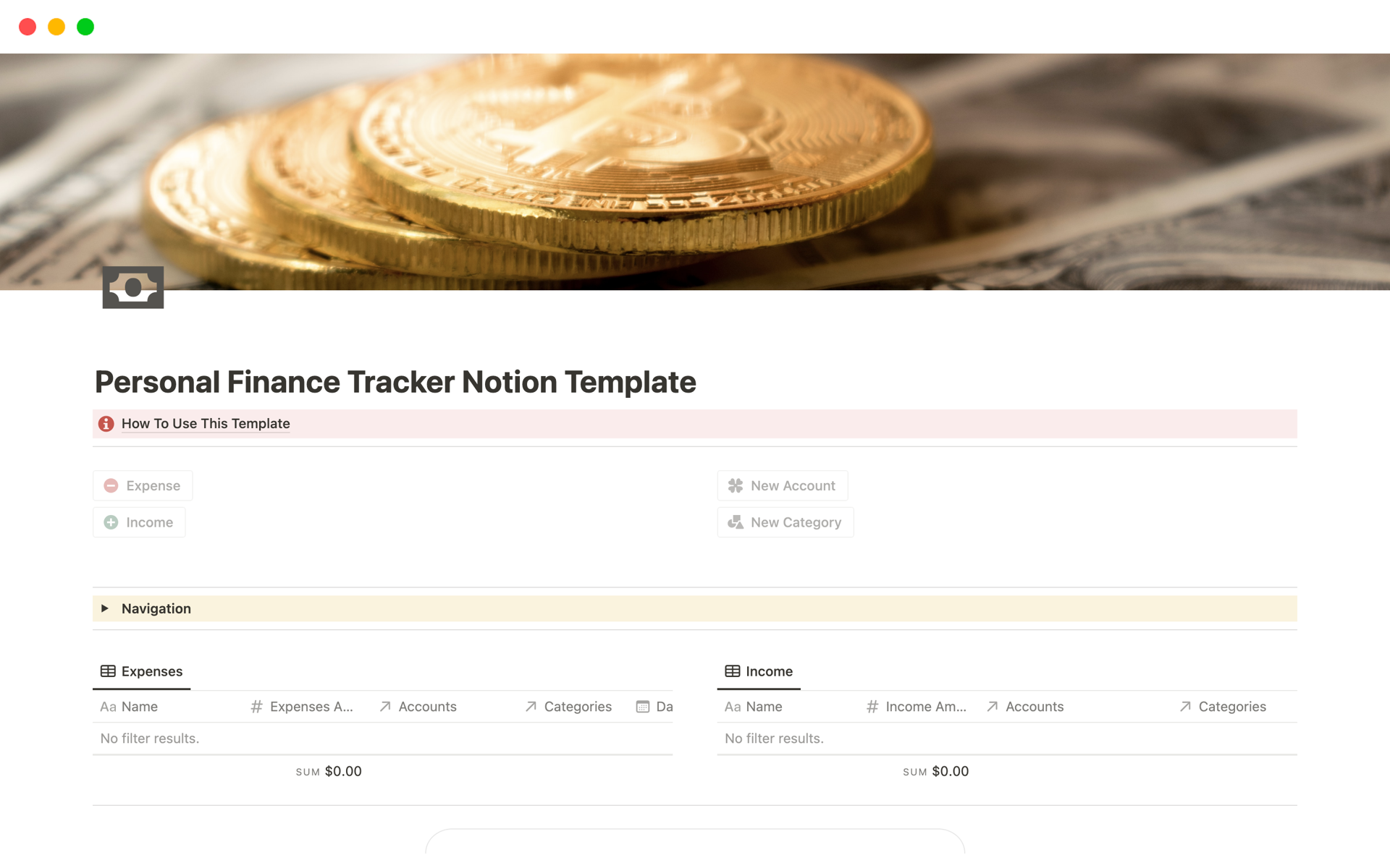 Uma prévia do modelo para Personal Finance Tracker