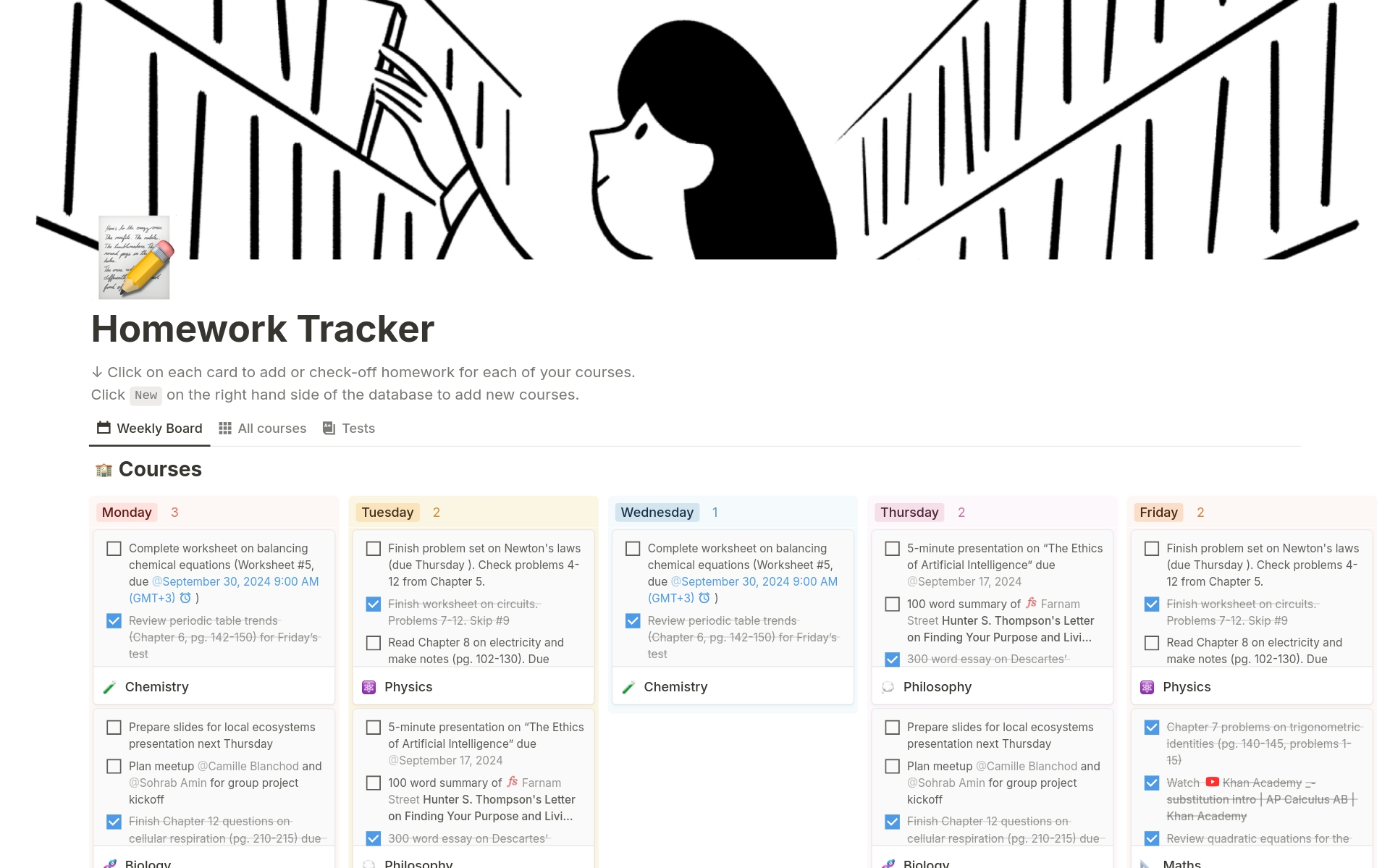 A template preview for Homework Tracker